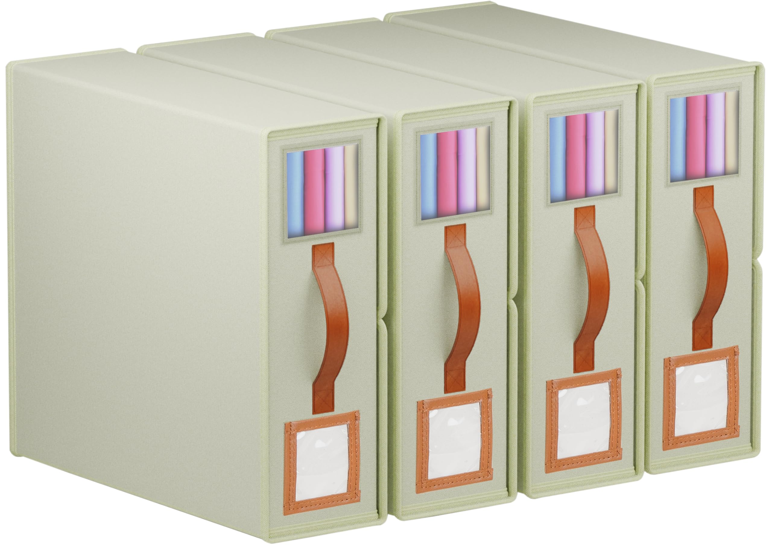 Bed Sheet Organizer pack of 4 – Beige Bed Sheet Organizers and Storage with Leather Handles – King & Queen Size Foldable Bed Sheet Storage Box with Label Cards & Windows for Visibility