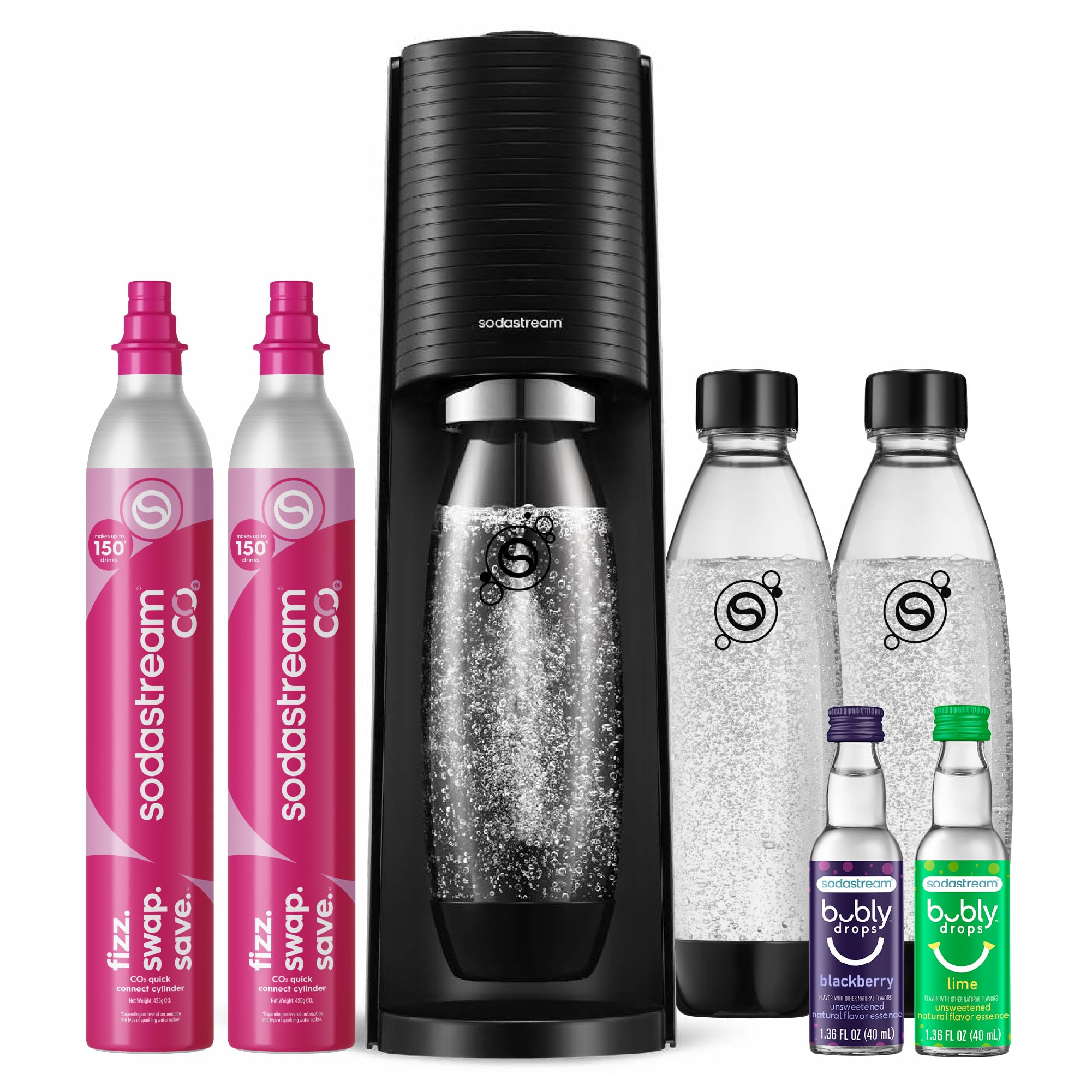 SodaStream TERRA Sparkling Water Maker, Value Bundle, CQC CO2 System, Includes 2 Quick Connect 60L CO2 Cylinders, 3 Dishwasher Safe BPA Free Bottles, 2 bubly Flavor Drops, Make your own Pepsi, Black