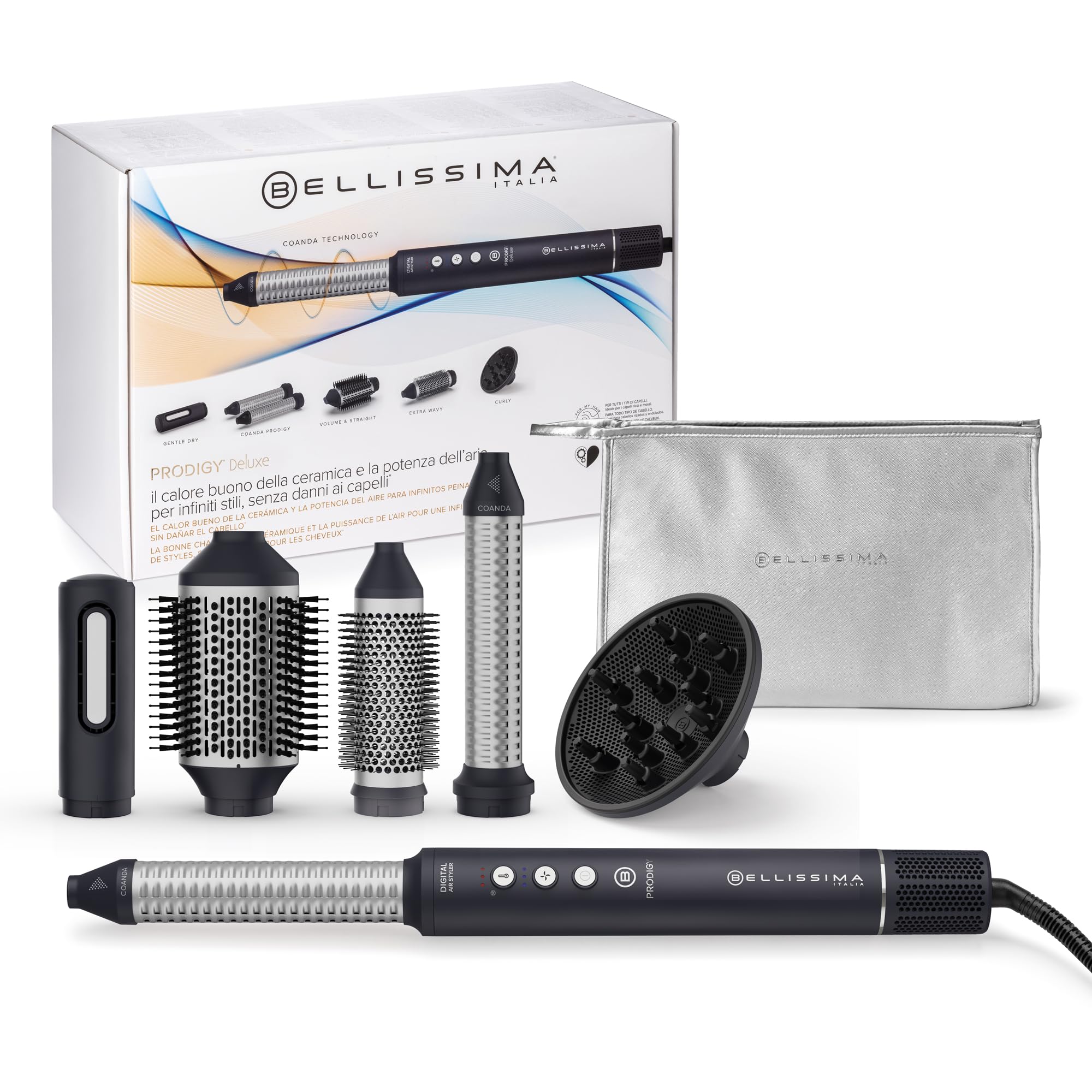 Bellissima Prodigy Digitaler 6-in-1-Heißluftstyler, Wellen, Locken, gleichmäßiges Volumen ohne Haarschäden, Digitaler Motor, Ionen-Keramik- und Coanda-Technologie, Wärmeregulierung