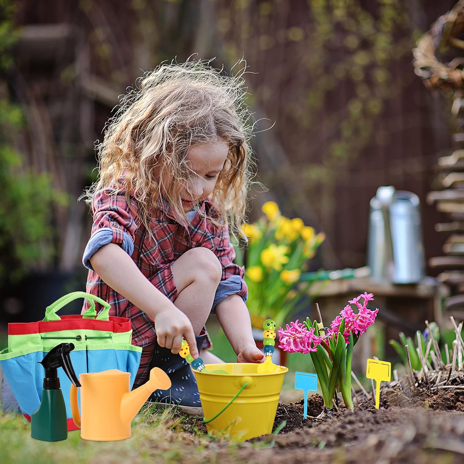 Kids Gardening Tools Set,11 PCS Metal Garden Tools Toy Set for Girls Boys with Child Safe Rake Shovel, Cute Handle Design Gardening Kit Outdoor Toys : Toys & Games