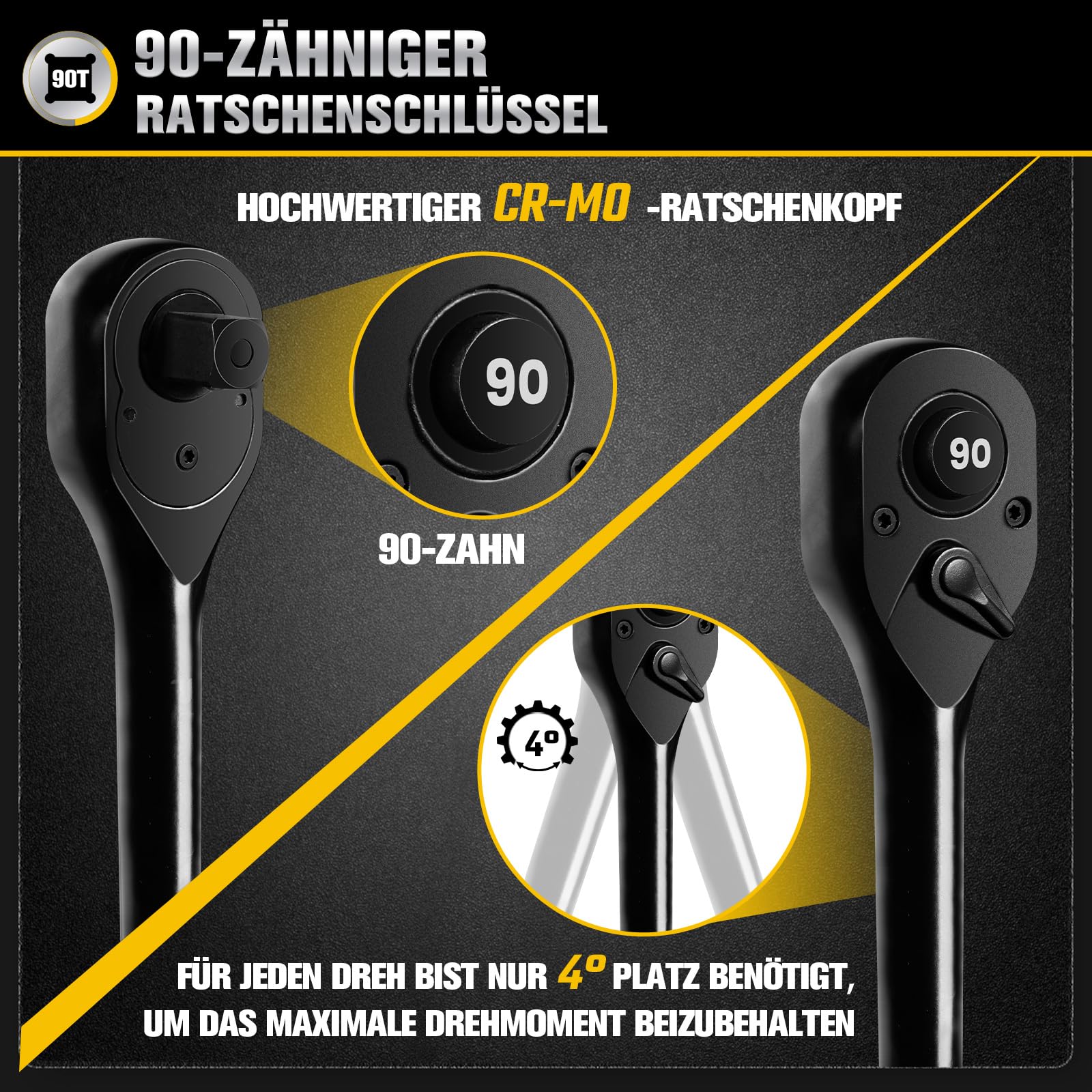 3-tlg. Umschaltknarre 1/4 zoll, 3/8 zoll, 1/2 zoll Antrieb Ratsche Knarre, 90 Zähne Ratschenschlüssel Ratschenset Mit Ergonomischer Griff und Schnellverschluss-Knopf