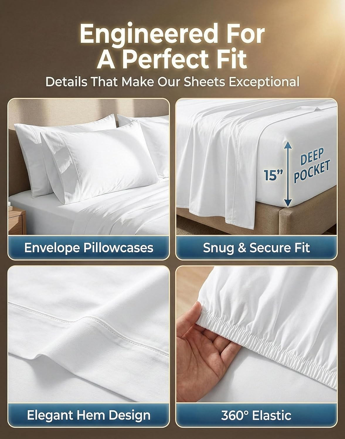 LANE LINEN Queen Sheet Set - 600 Thread Count Premium Soft Long Staple 100% Cotton Sheets, Hotel Luxury Sateen Silky Finish, Snug Fit 15" Deep Pocket, Low Pill, Machine Washable - White Sheets - Image 5