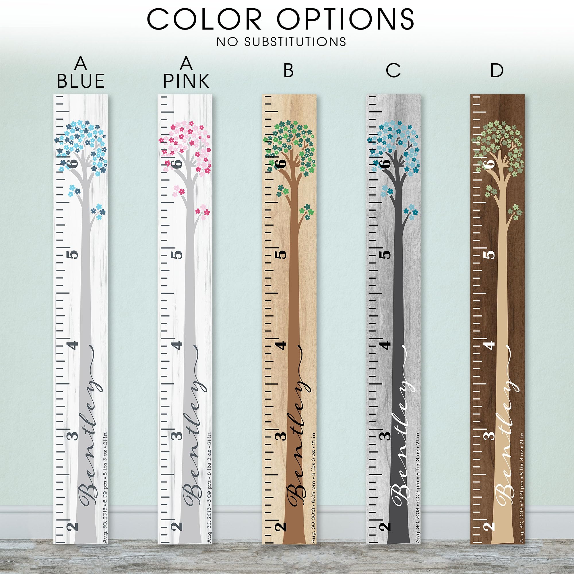 Wooden Kids Growth Height Chart Ruler for Boys and Girls Painted or Engraved (Floral Tree)