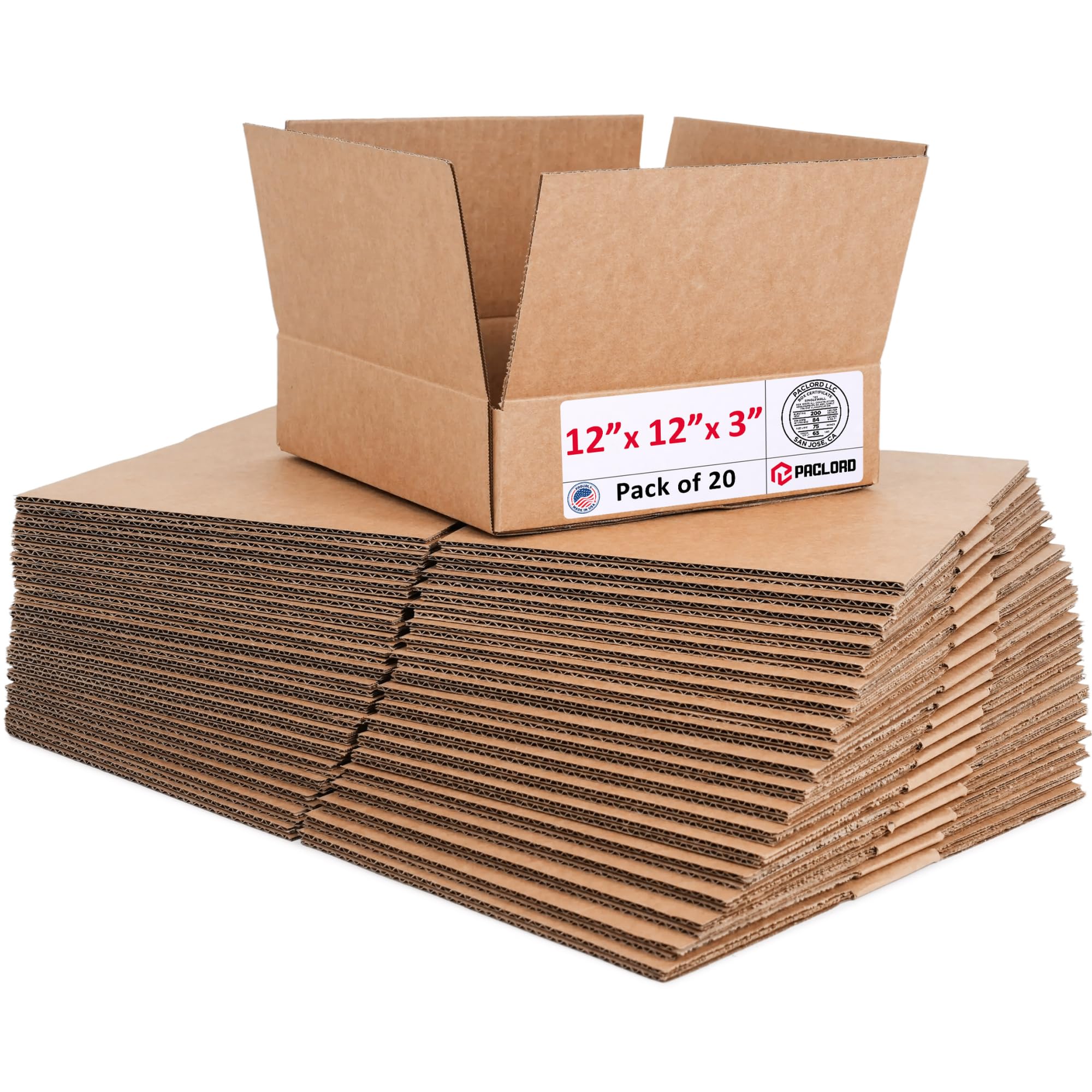 Flat Cardboard Boxes 12"L x 12"W x 3"H (Pack of 20) - USA-Made Packing Boxes for Moving, Shipping, or Storage - USPS, UPS, FedEx Approved - Professional Packing Supplies for Moving | USA-Made Packing Boxes for Moving, Shipping, or Storage - USPS, UPS, FedEx Approved - Professional Packing Supplies