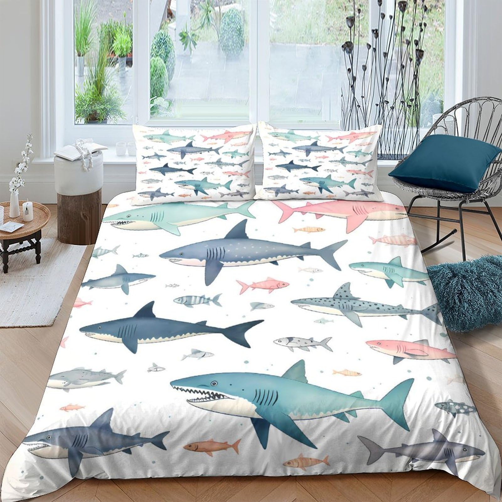 GPLZQXKJNH 3D Printed Shark Ocean Duvet Cover Set Microfiber Soft Breathable Fish Sea Bedding Set with 2 Pillowcases for Bedroom Decor Single（135x200cm）