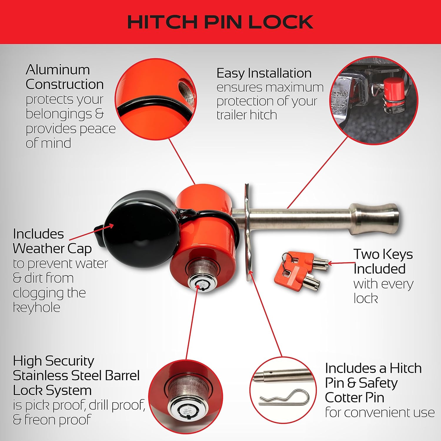 Equipment Lock Hitch Pin Lock - Stainless Steel Trailer Hitch Locks - Fits 2" and 2.5" Hitch Receivers - 5/8" Locking Hitch Pin for Class III IV Hitches - Durable Anti-Theft Tow Hitch Lock