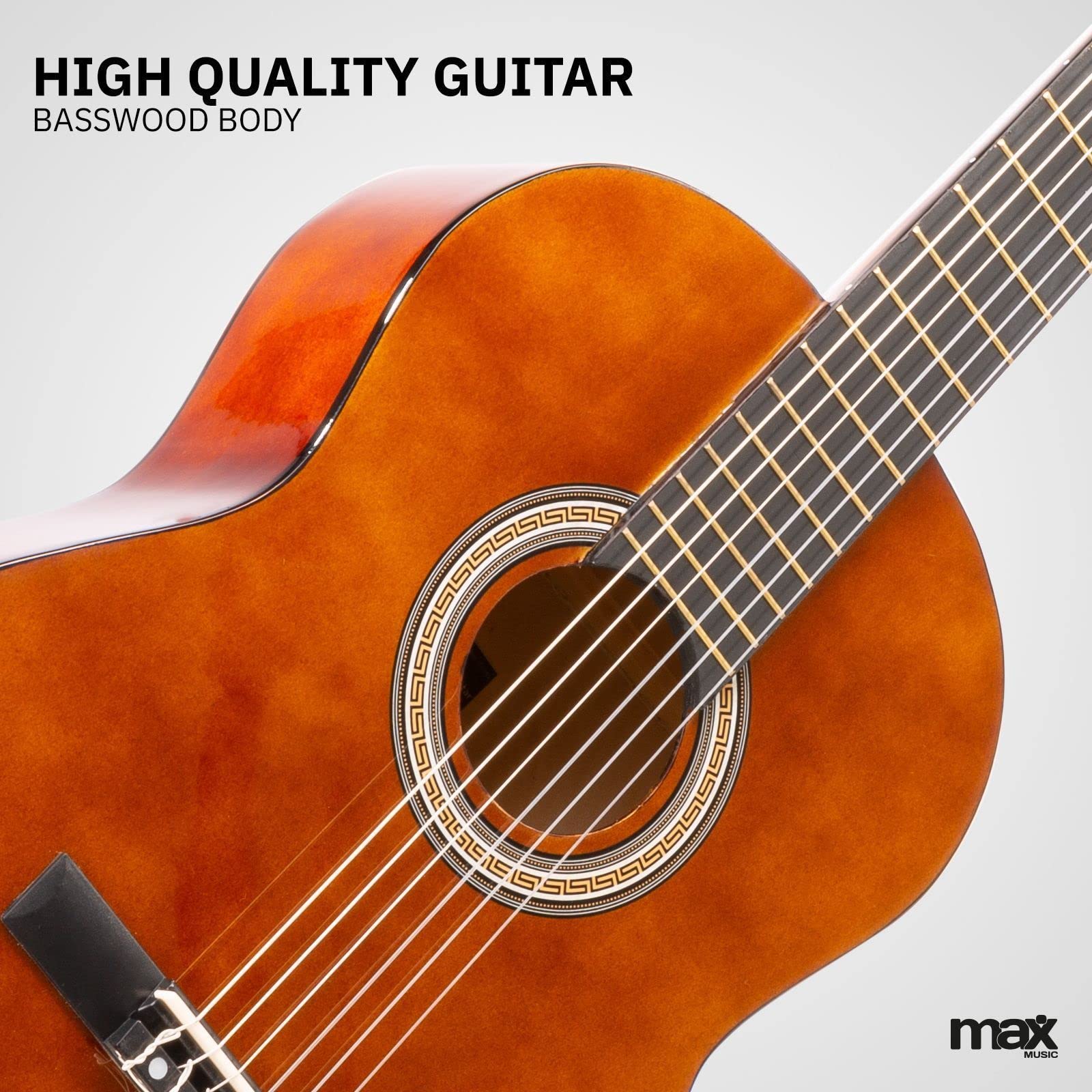 MAX SoloArt Guitarra Clásica Española – Set Completo para Principiantes con Reposapiés, Bolsa, Soporte, Afinador, Púas, Cuerdas y Correa – Ideal para Jóvenes y Adultos