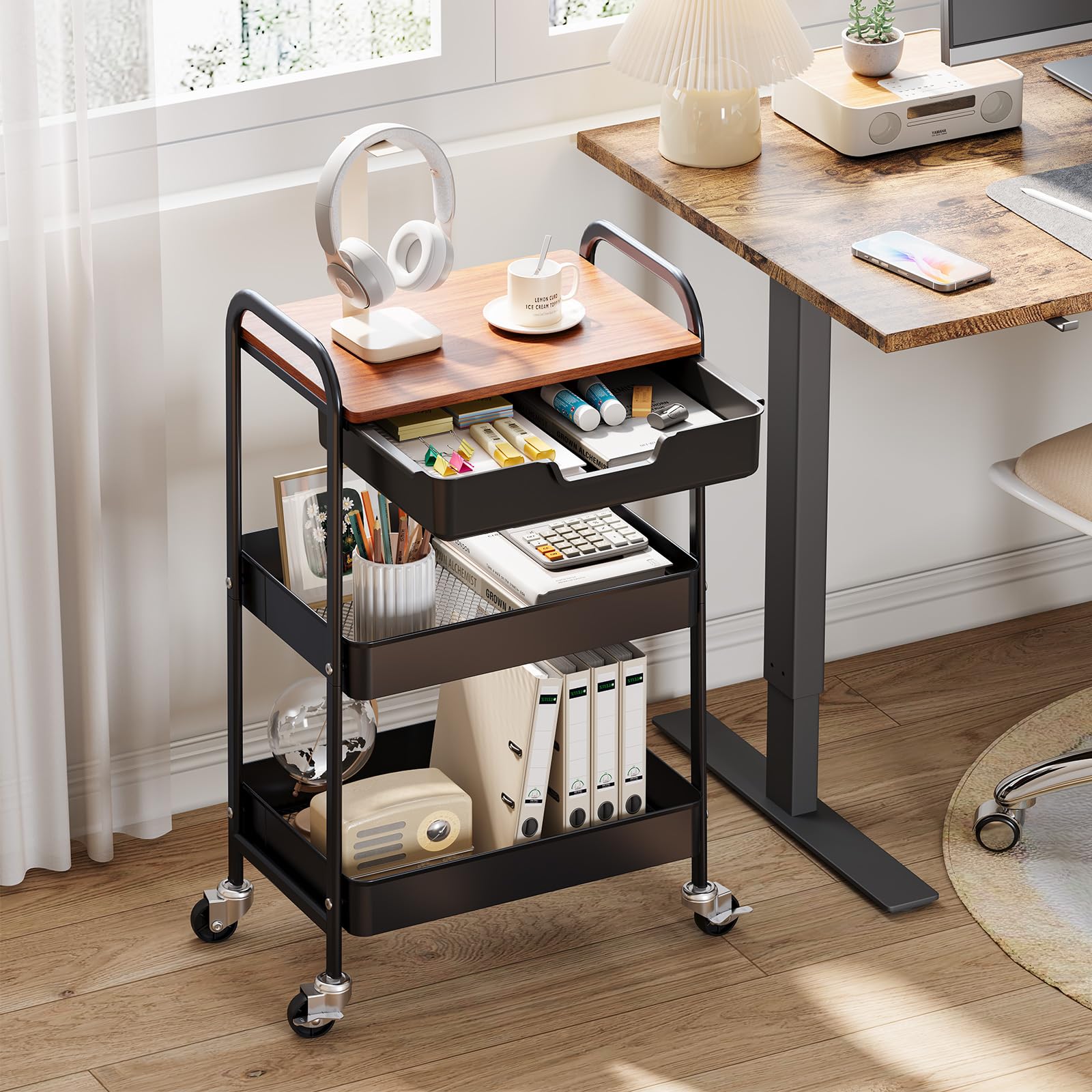 kingrack Chariot de Rangement à 3 Niveaux avec Plateau, Chariot Multifonction en métal pour Cuisine, Maison, Bureau, Salle de Bain, Noir