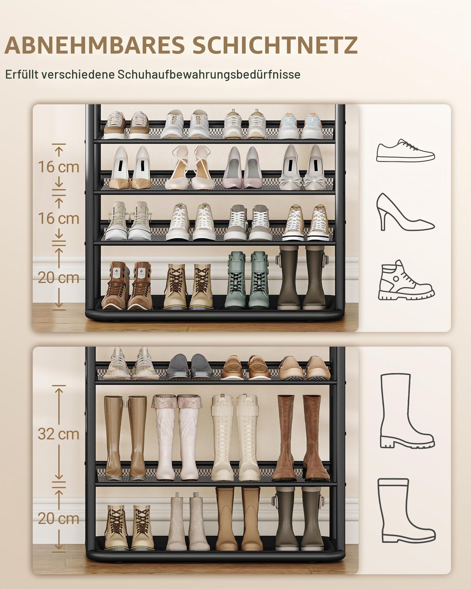 Hzuaneri 8-Stöckiges Schuhregal, 80 cm, 5 Haken, Schuhabtropfschale