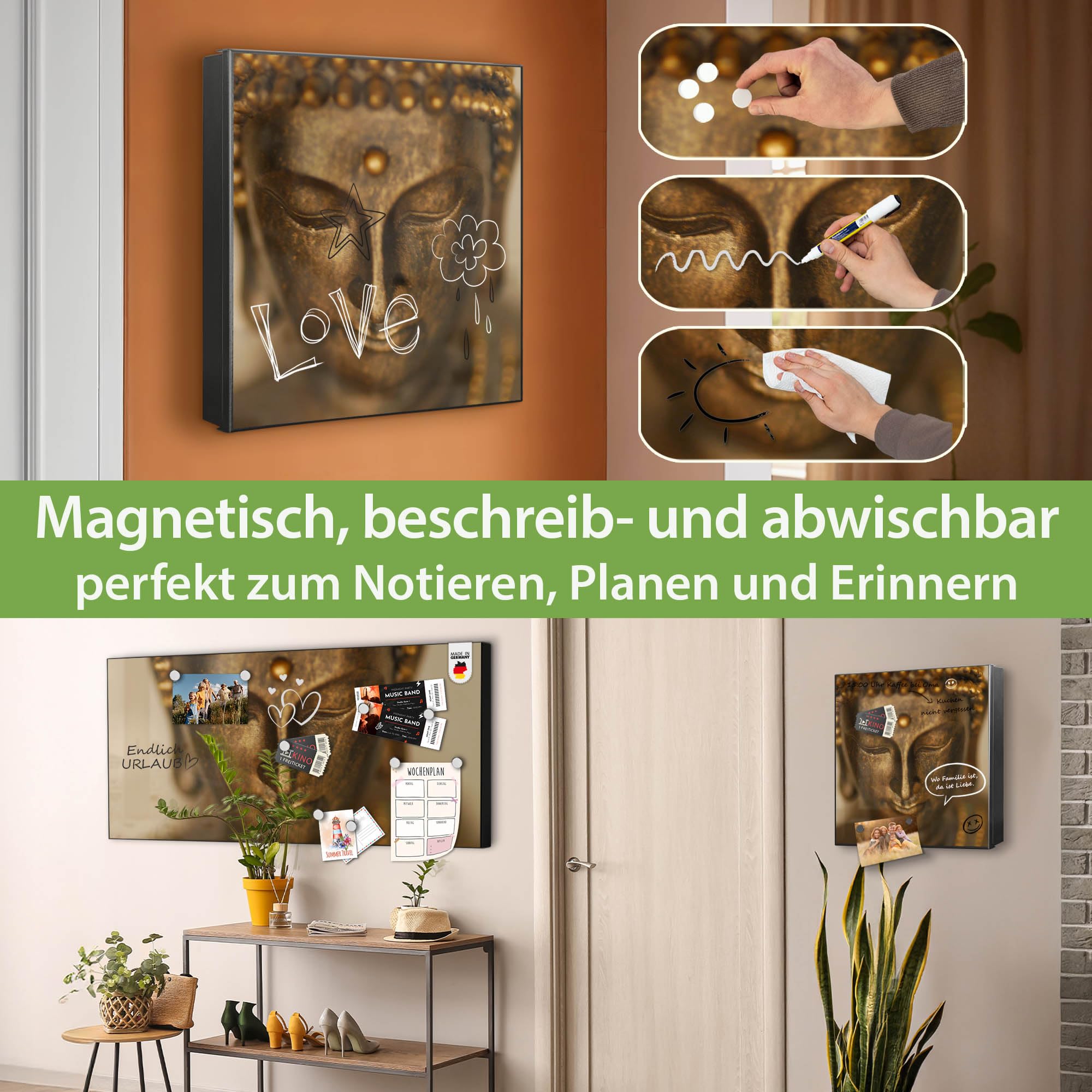 banjado Großer Schlüsselkasten Metall - Schlüsselbox 30x30cm beschreibbarer mit 32 Haken - Schlüsselkasten modern für Schlüsselaufbewahrung - Korpus Schwarz Scharnier Links - Motiv Buddha Gold