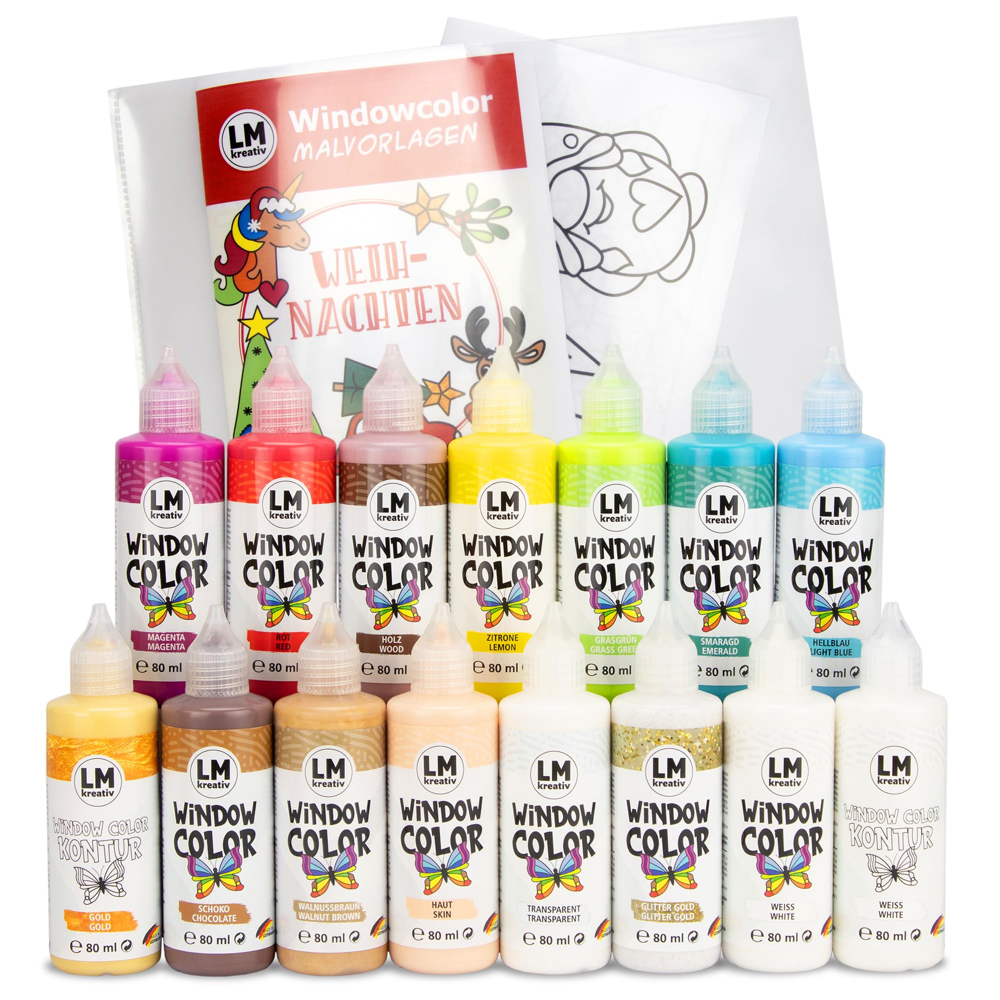 Set di colori per finestre LM-Kreativ 4 stagioni - Set di colori per finestre con 15 colori, colori da contorno e 3 fogli da colorare stampati su entrambi i lati con oltre 50 motivi - Colori per