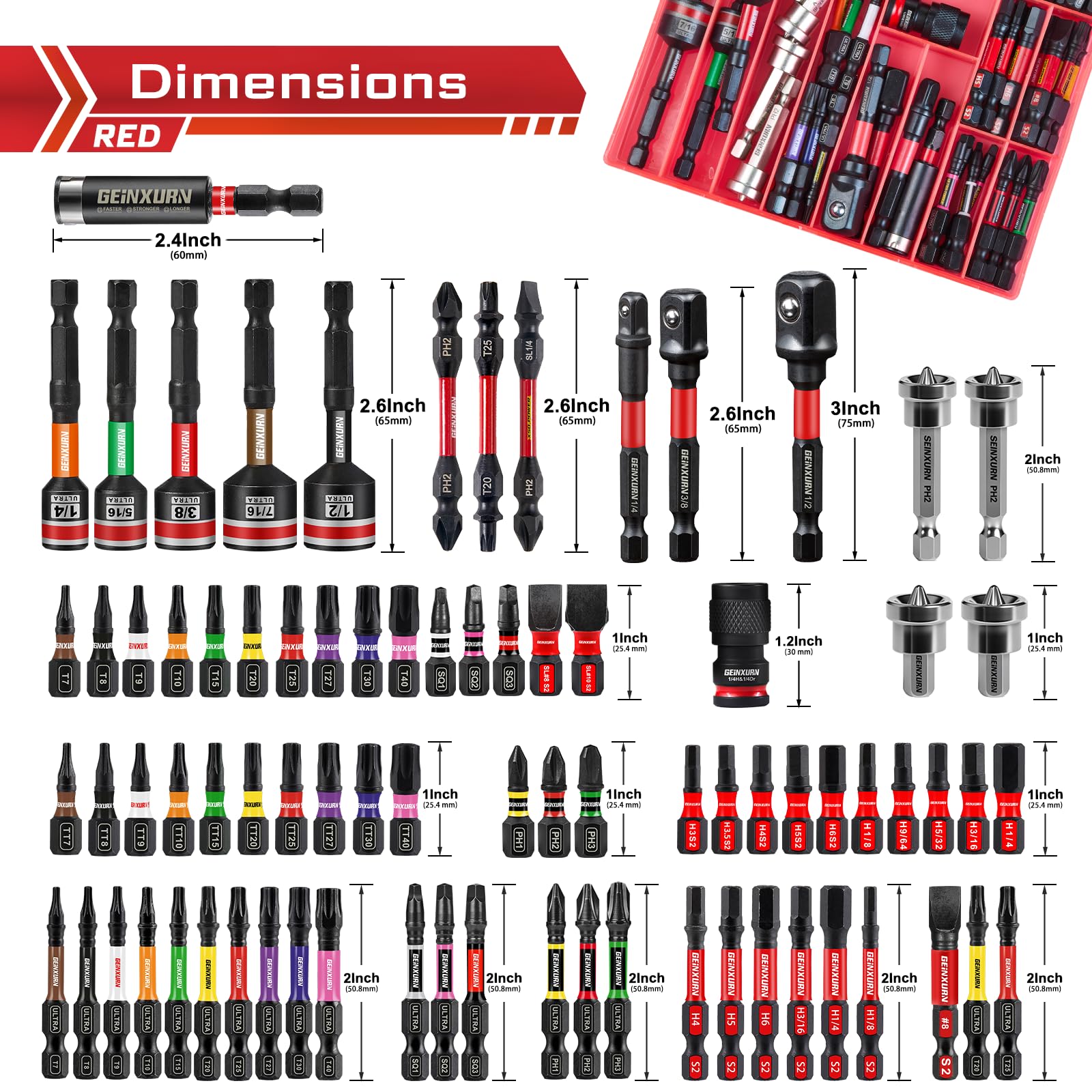 GEINXURN Jeu de 98 embouts de tournevis en acier S2 magnétique Torx/PH/PZ/SL/tête hexagonale, boîte de rangement rouge