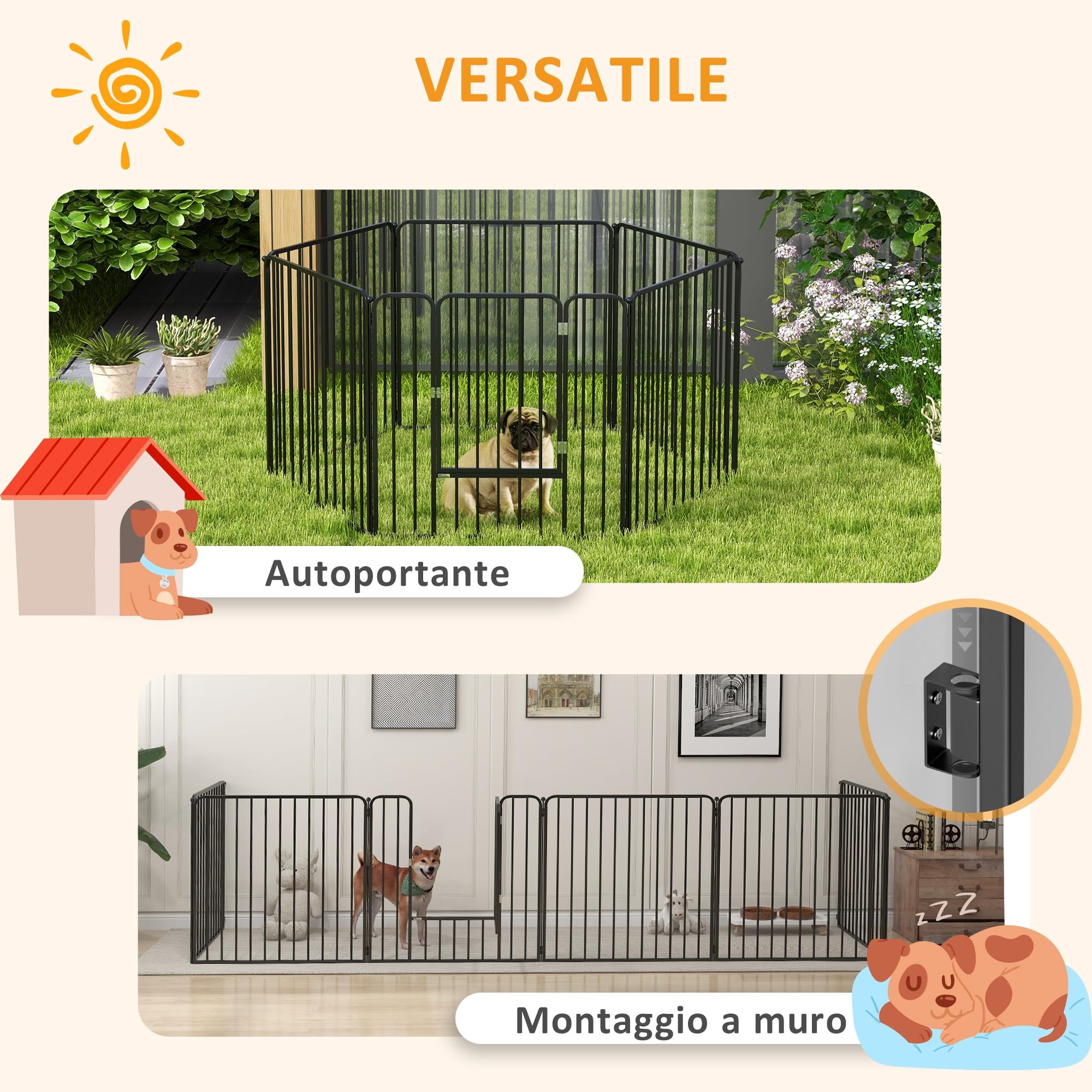 PawHut Box per Cani Taglia Media e Piccola a 6 Pannelli Modulabili da Interno ed Esterno, Cancello per Cani in Acciaio con 9 Picchetti, 164x83x80 cm, Nero