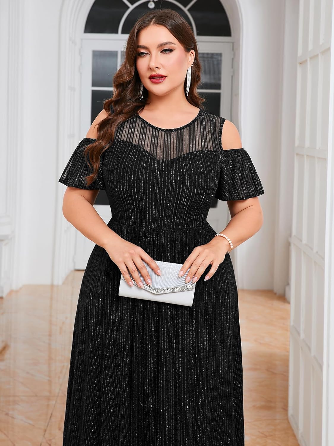 ZOMVA Plus Size Sparkly Mesh Maxi Dress Cold Shoulder Ruffle Sleeve High Low A Line Dresses Wedding Guest Cocktail Party - Image 2