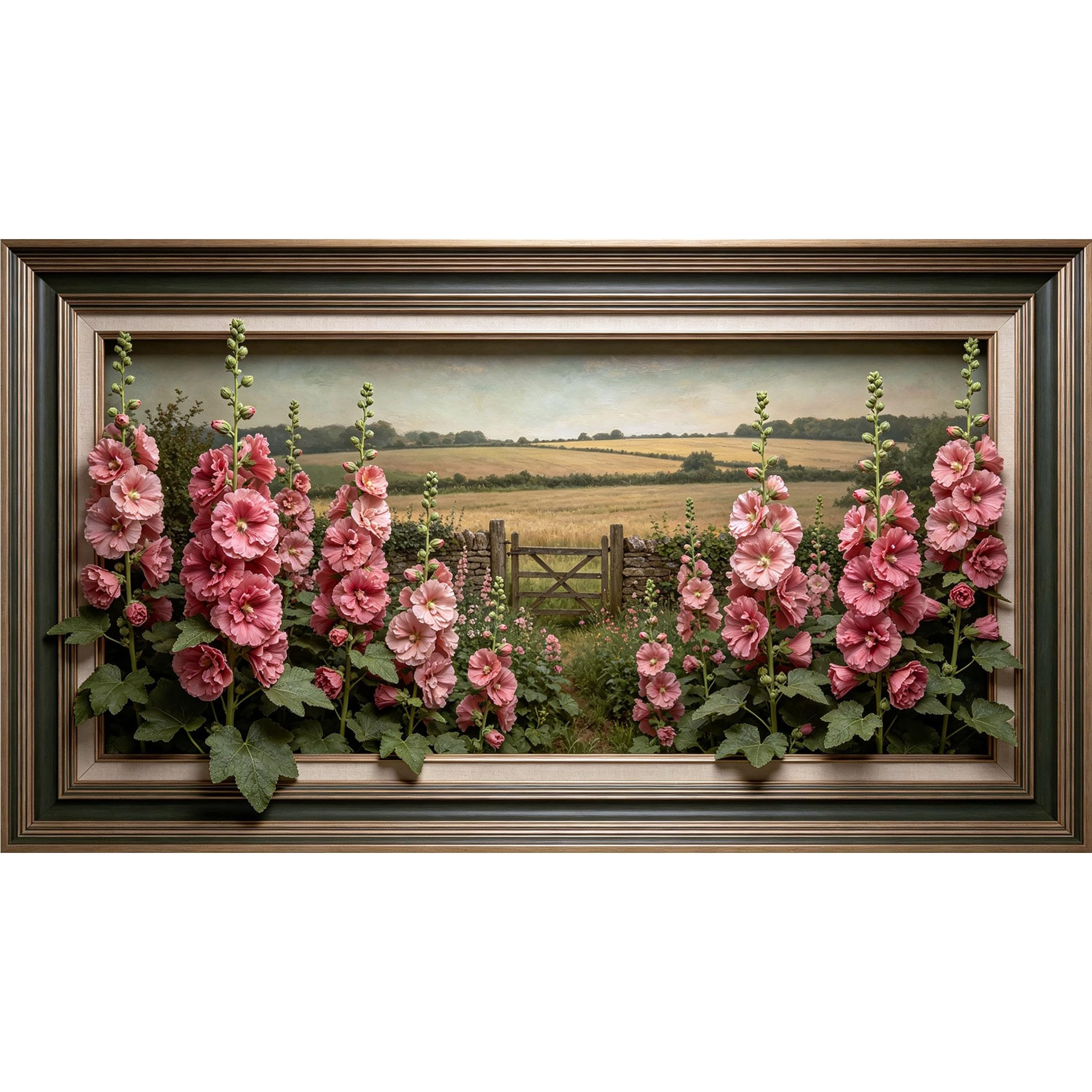QZLITHOTIC 50×90cm3D Framed Wall Art， Pink Hollyhock Farmhouse Landscape Mural， WaterActivated Peel & Stick Fabric Decor Wall Decal for Bedroom Living Room