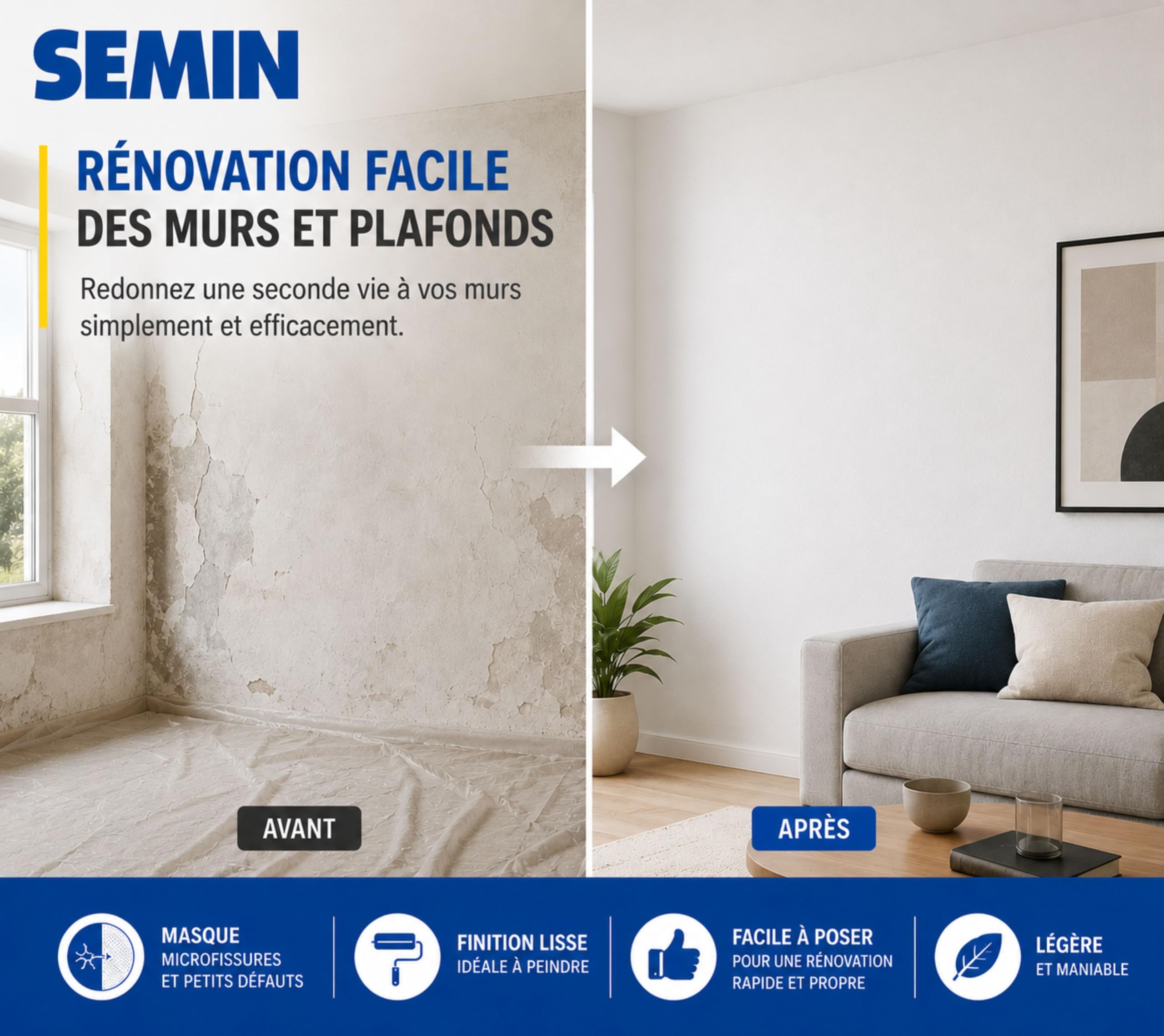 Semin - Revêtement de Rénovation Lisse à Peindre - Sem Renov - Intérieur - Rouleau de 25 x 1 m (Lot de 3, 75 Mètres)