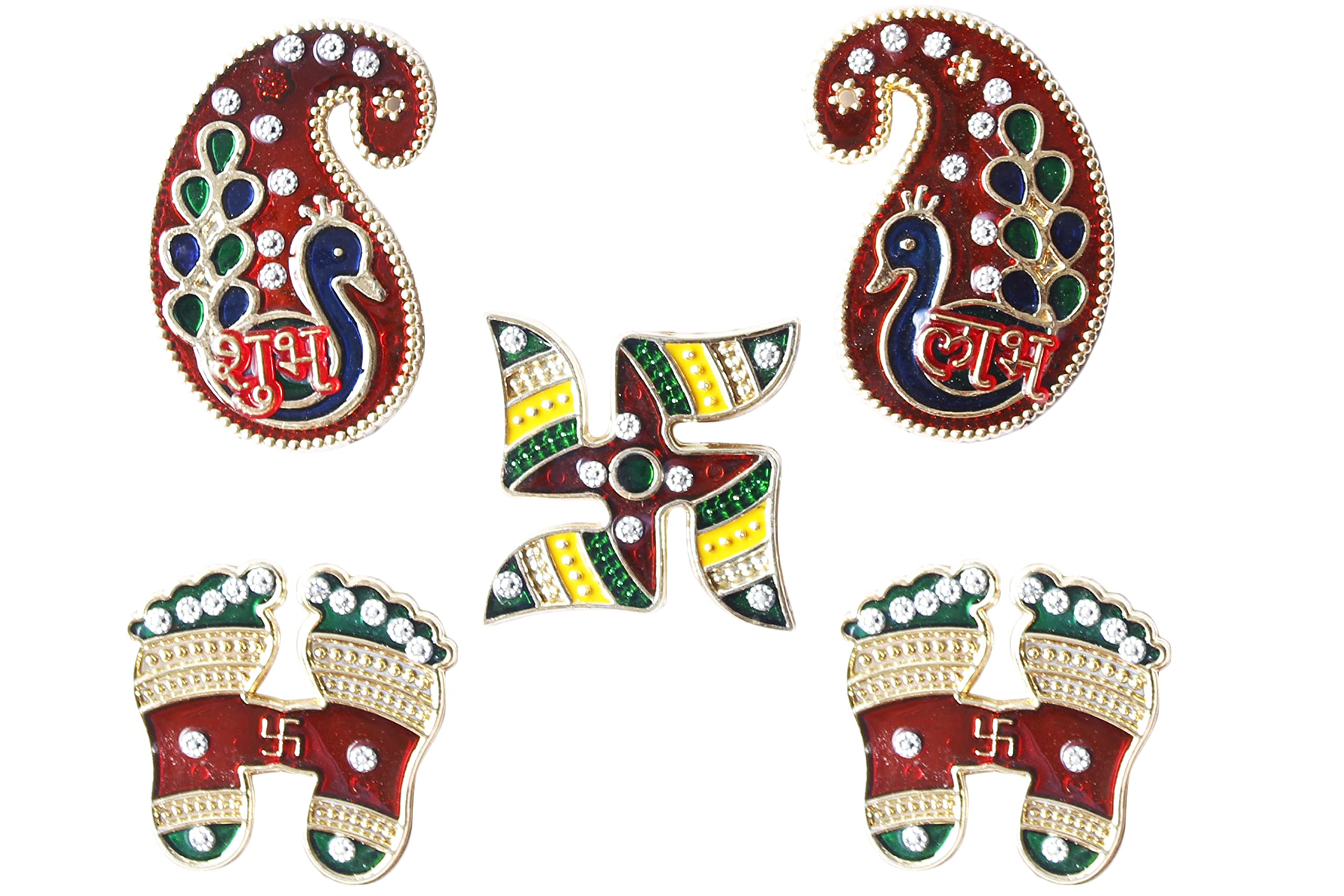 TrendBell Meenakri Acrylic Peacock Diwali Shubh Labh Laxmi Charan Paduka Feet Pagla with Swastikk Stickers Item for Diwali Indian Puja Wedding & Festival Decoration Floor & Office Decoration