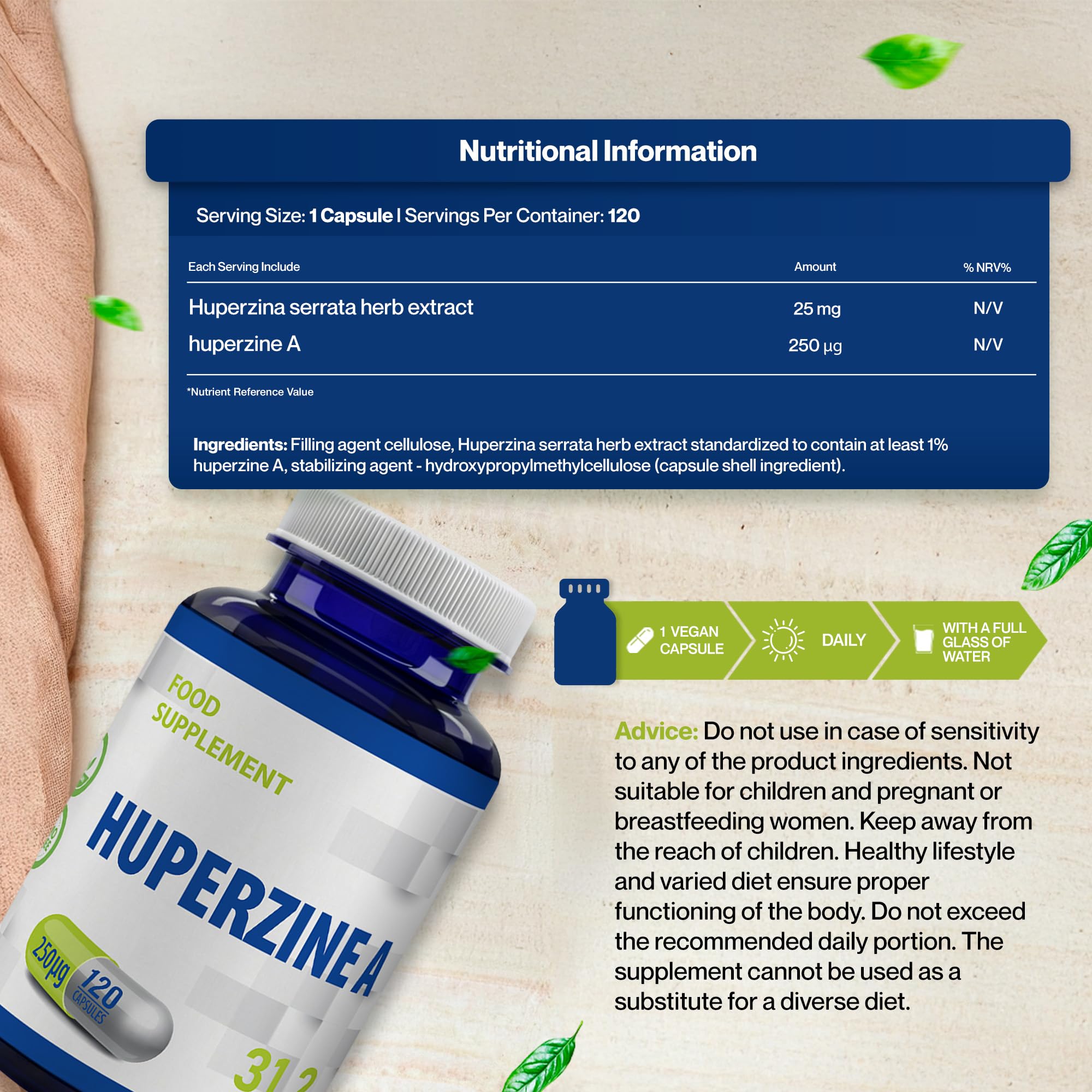Hepatica Huperzina A 250 mcg | Extracto Estandarizado de Huperzia Serrata (1%) | 120 Cápsulas Veganas | Suministro para 4 Meses | GMP & laboratorio independiente