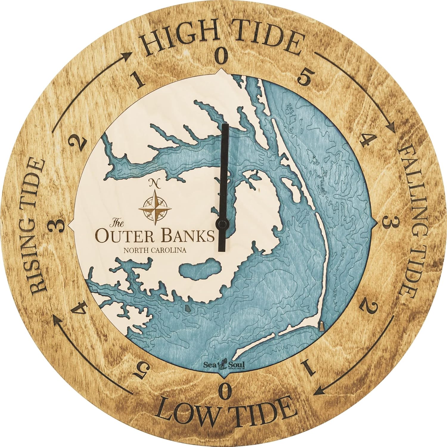Sea & Soul Outer Banks 3D Wood Map Tide Clock, East Coast Nautical Chart 16-inch Tide Clock, Fisherman Gifts, Sailor Gifts, Coastal Décor, Nautical Décor, Unique Gifts (Golden Honey/Blue Green)