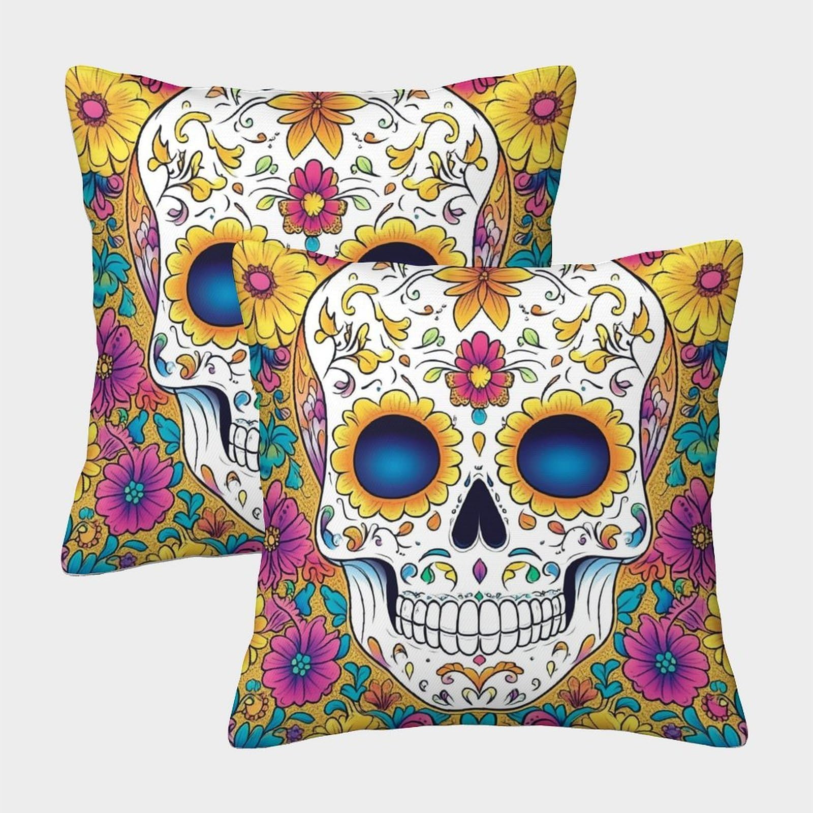 kaiyun 2 Pack Yellow Flowers-skull 3D Image Printed Single-sided Cushion Cover 40x40cm