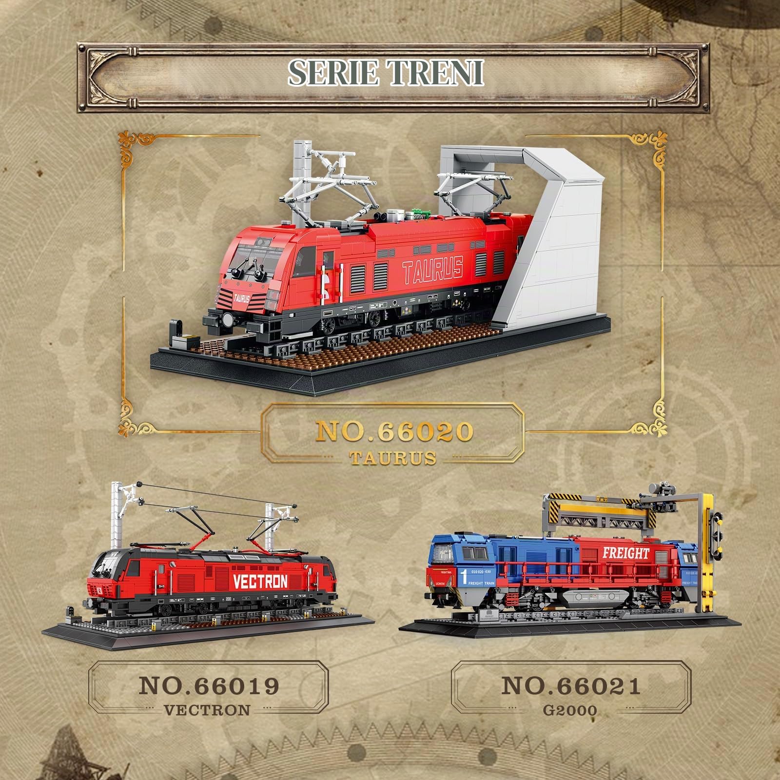 Reobrix 66020: Set treno elettrico retrò + auto d'epoca (1939pz). Modello MOC con base, perfetto per collezionisti e arredamento appassionati di treni e camion.