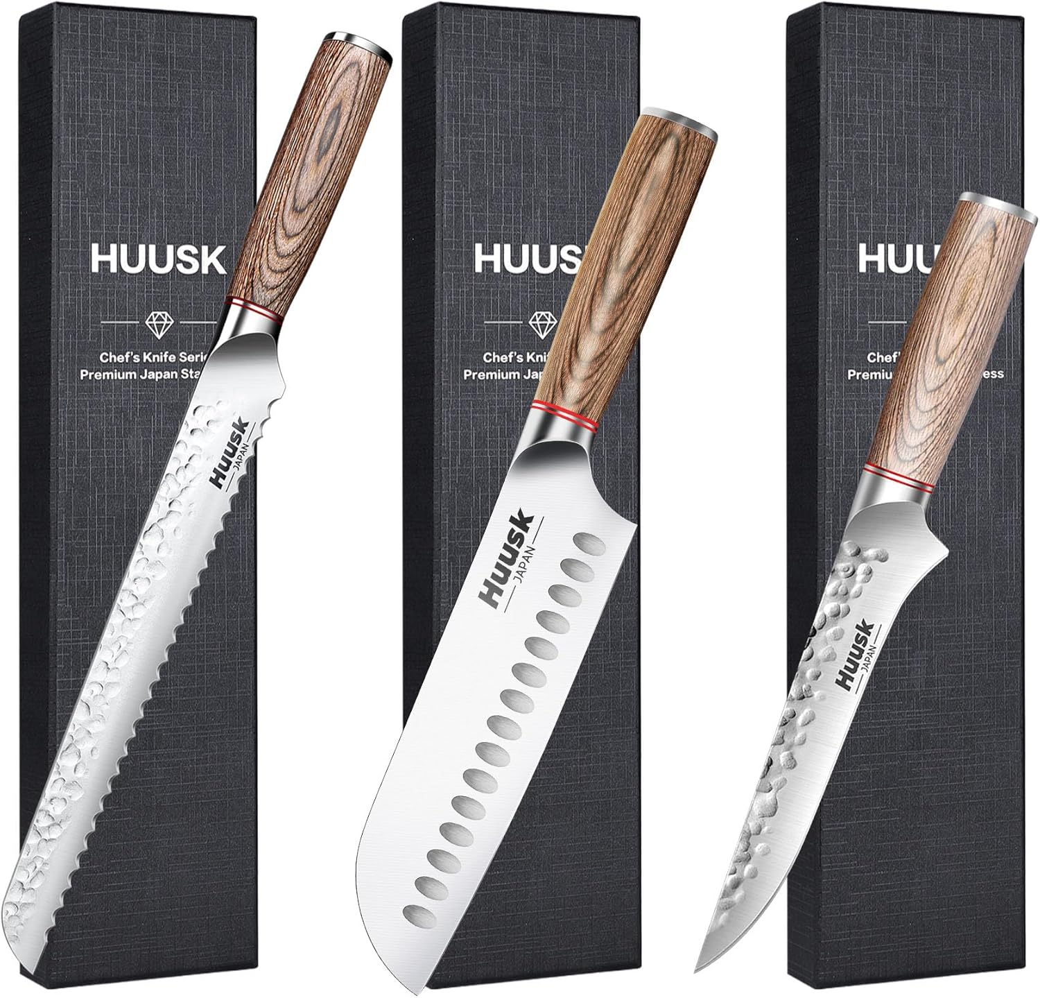 Huusk Boning for Meat Cutting 6.5-inch,Bread Knife 10-Inch,7 Inch Santoku Knife with Ultra