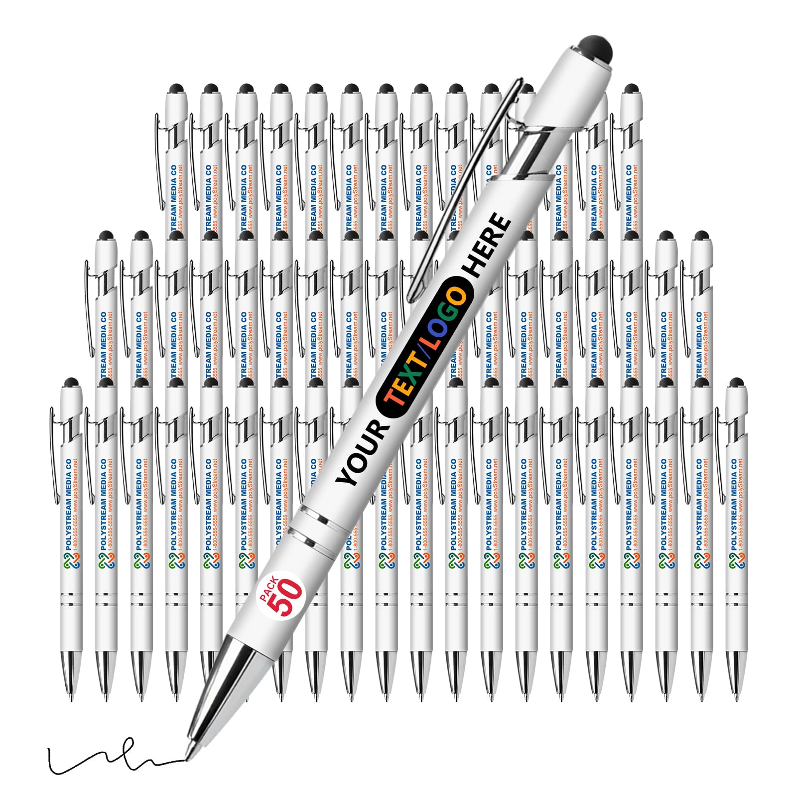 Vebermo 50 Pack Personalised Pens with Stylus | Custom Full-Color Logo/Name/Message | Black Ink Smooth Writing Touchscreen Pens | Ideal for Office, Teachers, Students & Corporate Events, White