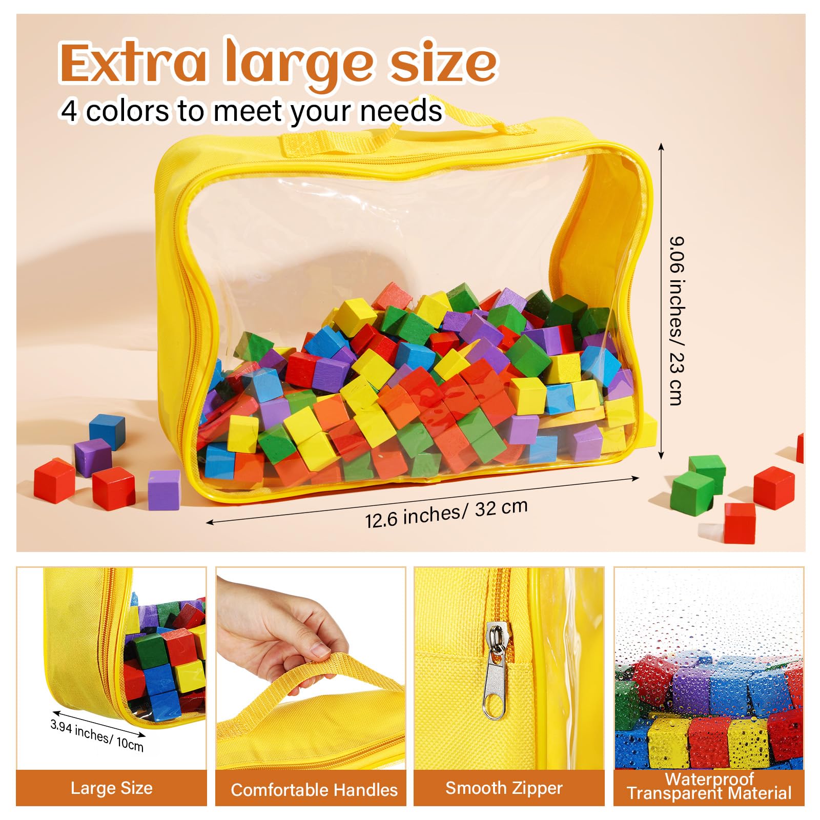 Huhumy 4 Pcs Extra Large Toy Storage Bags with Zipper 12.6'' Clear PVC Organizing Bags Reusable Toy Organizer Travel Waterproof with Handle for Board Games Building Blocks Puzzle(Multicolor)