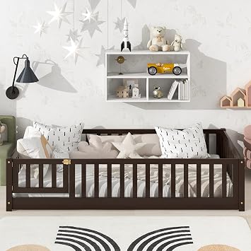 Twin Size Montessori Beds Frame with Fence & Door, Rubber Wood Floor Bed with Slats Support, Low Floor Beds for Kids, Girls, Boys, Near The Ground, No Box Spring Needed, Espresso