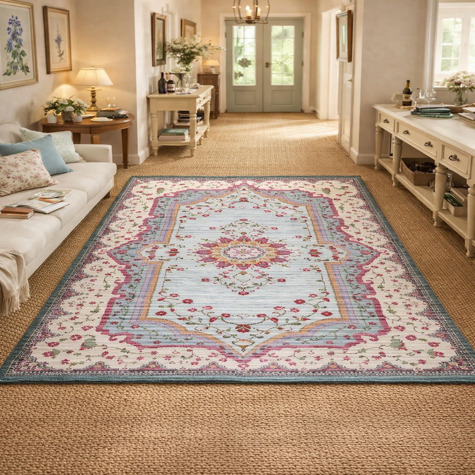 Alfombra antideslizante lavable Rururug de 100 x 200 cm estilo tradicional floral rojo