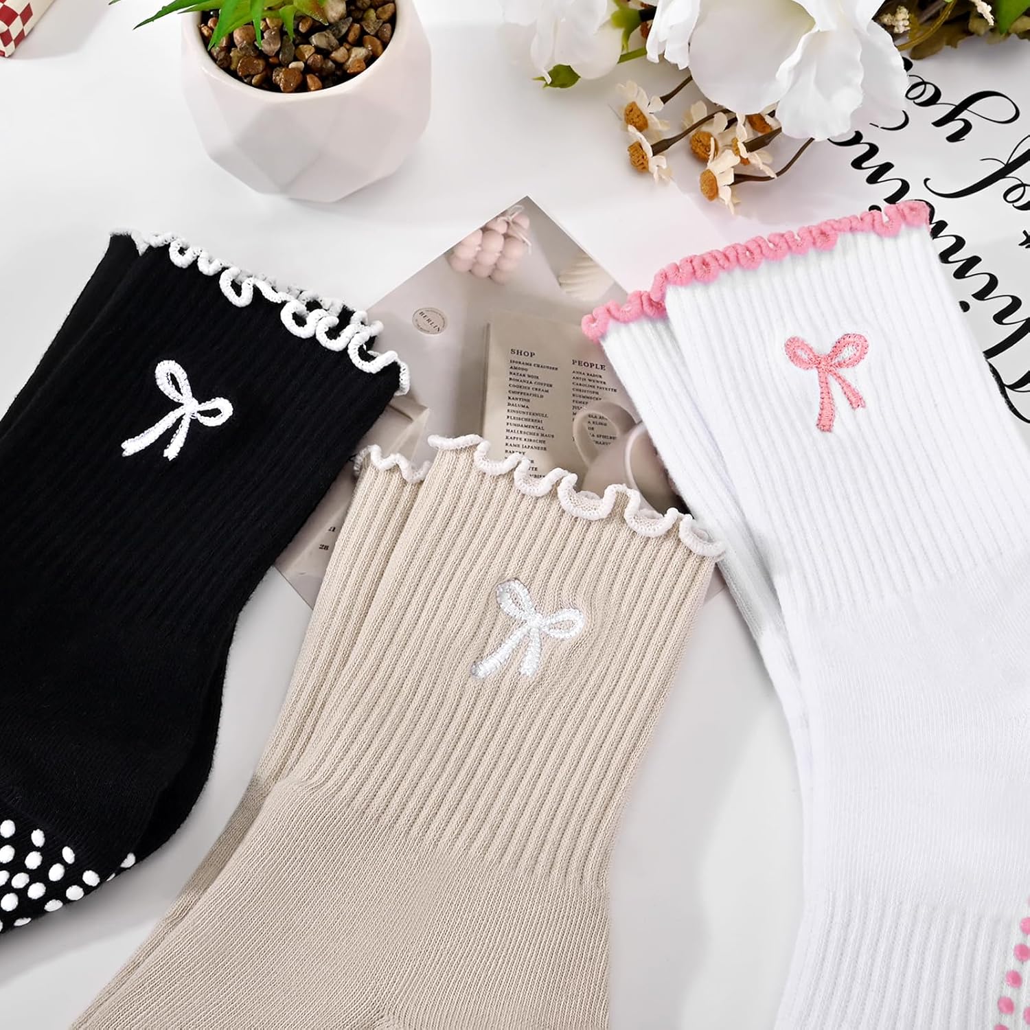 Pilates Yoga Grip Socks for Women, Bow-Patterned Ruffled Crew Socks Ideal for Fitness, Ballet Bar Work&Dance - Image 2