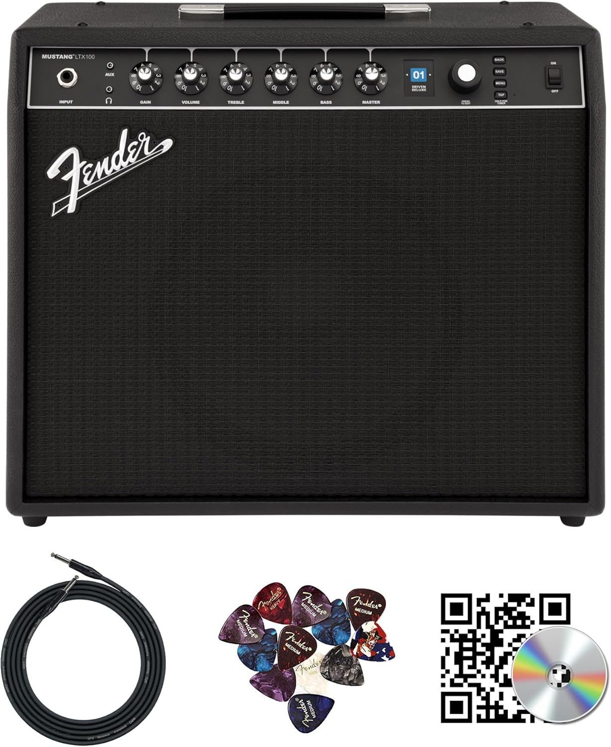Fender Mustang LTX100 Guitar Combo Amplifier - Black Bundle with Instrument Cable, Austin Bazaar Exclusive 12-Pack Picks and Instructional DVD