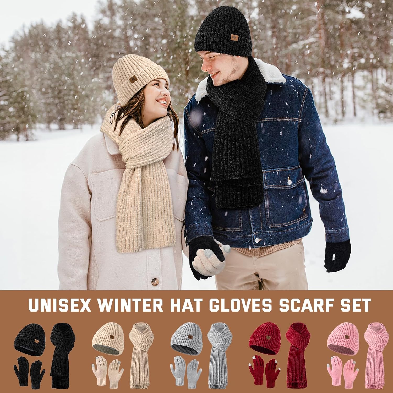 Winter Beanie Hat Scarf Gloves Set for Women, Slouchy Womens Winter Hats Long Scarf Touchscreen Gloves 3 in 1 Set - Image 6