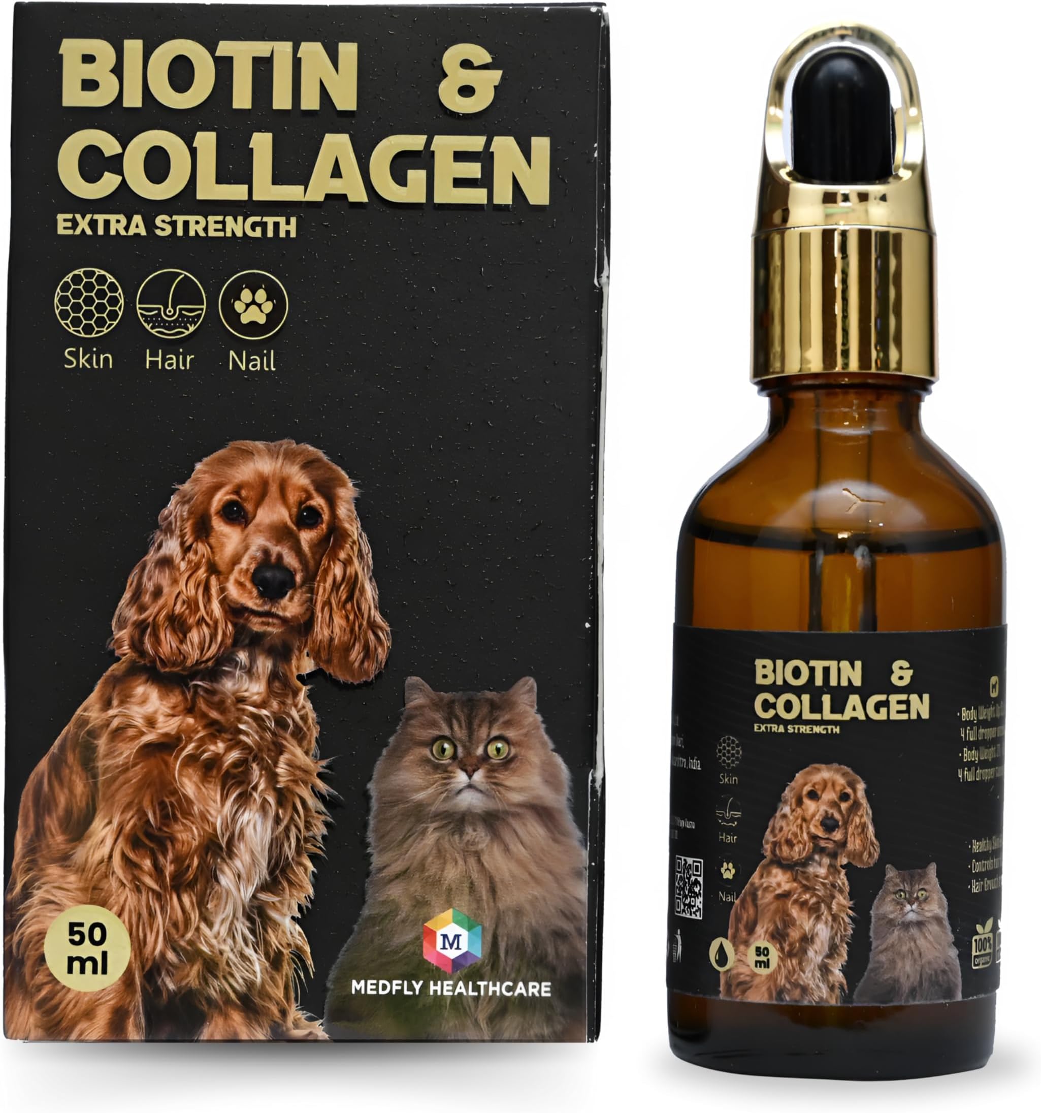 Medfly Advanced Biotin & Collagen Drops for Dogs & Cats | Supports Skin Health, Coat Shine & Fur Growth | Natural Plant-Based Formula | 50 ml