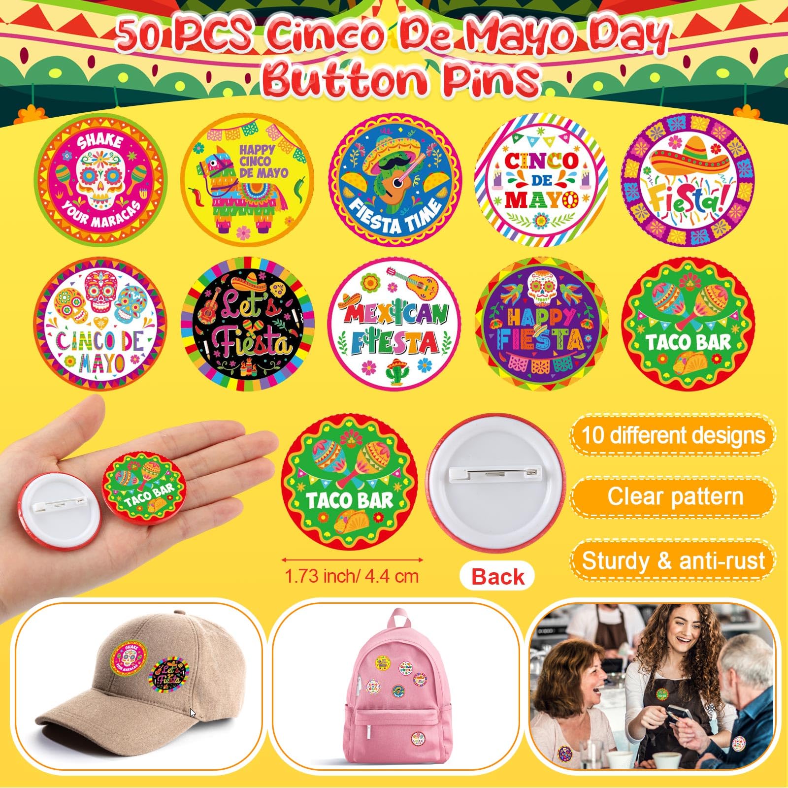 Highergo Set di 150 bomboniere messicane per feste, 50 spille cinco de mayo, 50 collane con perline Fiesta, 50 bomboniere, braccialetti in silicone per feste di compleanno, festival (festa messicana)