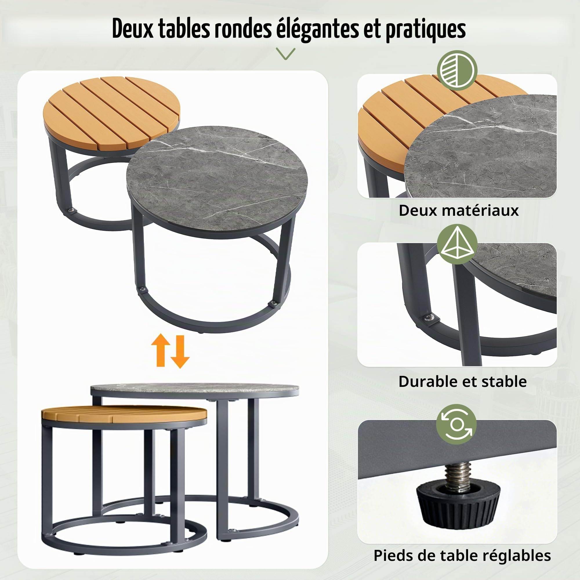 Canapé de Jardin Extérieur 6 Personnes, Ensemble Salon de Jardin avec 2 Tables, Accoudoirs en Poly Rottin, Coussins Inclus, Structure en Métal, pour Salon de Jardin, Balcon, Gris-D
