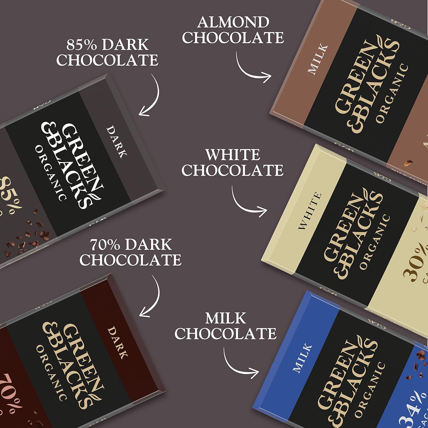 Green & Black’s Organic Chocolate Gift Set Variety Pack (85% Dark Chocolate, 70% Dark Chocolate, Milk Chocolate with Almonds, Milk Chocolate, and White Chocolate), 8 - 3.17 oz Bars