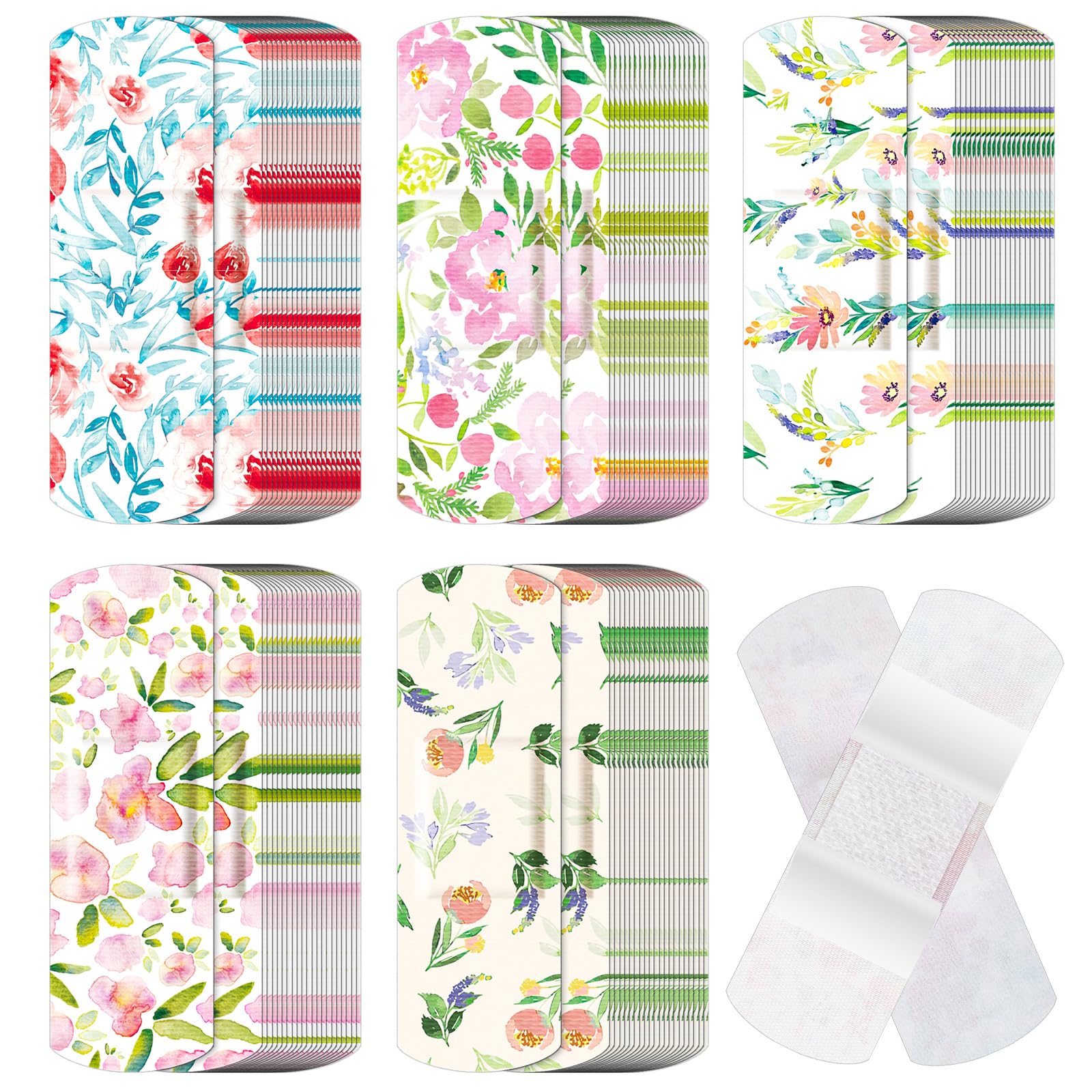 Threlaco 120 Pcs Fabric Adhesive Flexible Bandages Bulk Assorted Shapes and Patterns Small Colorful Pretty Fabric Bandages with Non Stick Pad 3 x 1 Inch for Cuts Wound Scrapes Women(Flower)