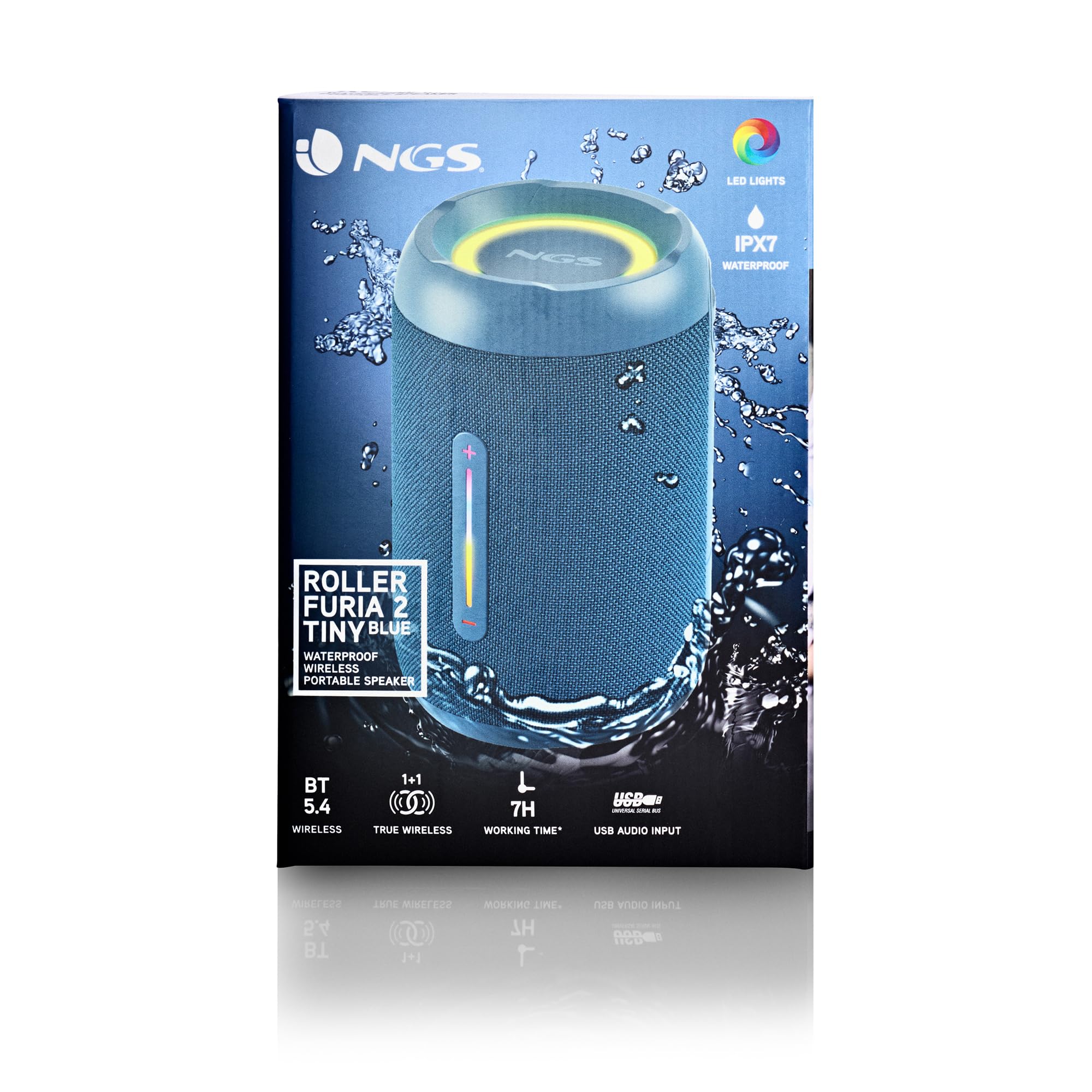 NGS Roller Fury 2 Tiny Blue – Altoparlante Bluetooth portatile, sommergibile IPX7, 20 W, True Wireless TWS, USB, batteria 7 ore, blu