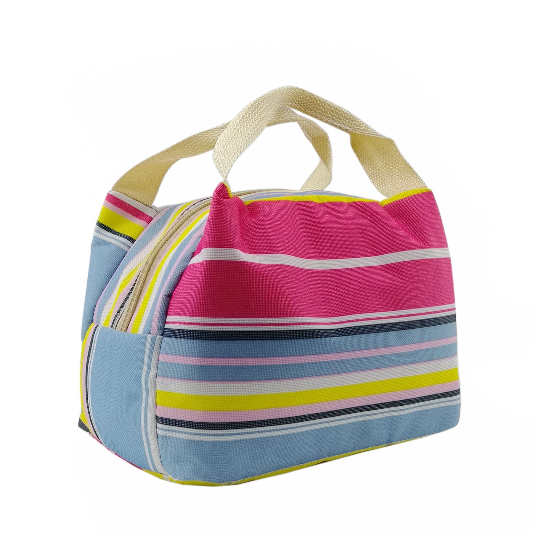 Vinsani Insulated Striped Canvas Thermal Lunch Bag Reusable Portable Cooler Bag Lightweight Convenient Foldable for Work School Picnic Office Adults & Kids – Striped Pink