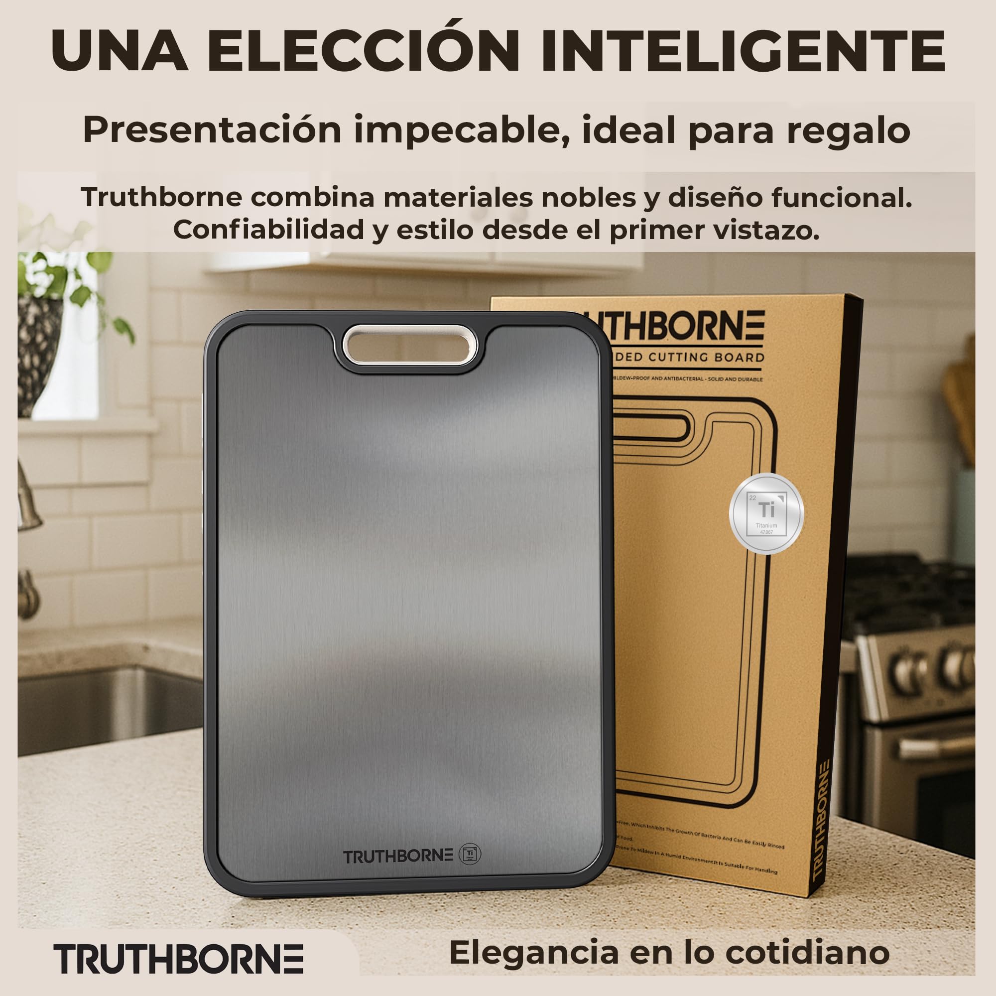 Tabla de Cortar Titanio 100% Puro Grado Alimentario – Doble Cara: Titanio + Fibra Natural 38,5×26,5 cm – Antibacteriana, Antideslizante, Sin Olores ni BPA – Tabla Cortar Cocina Premium