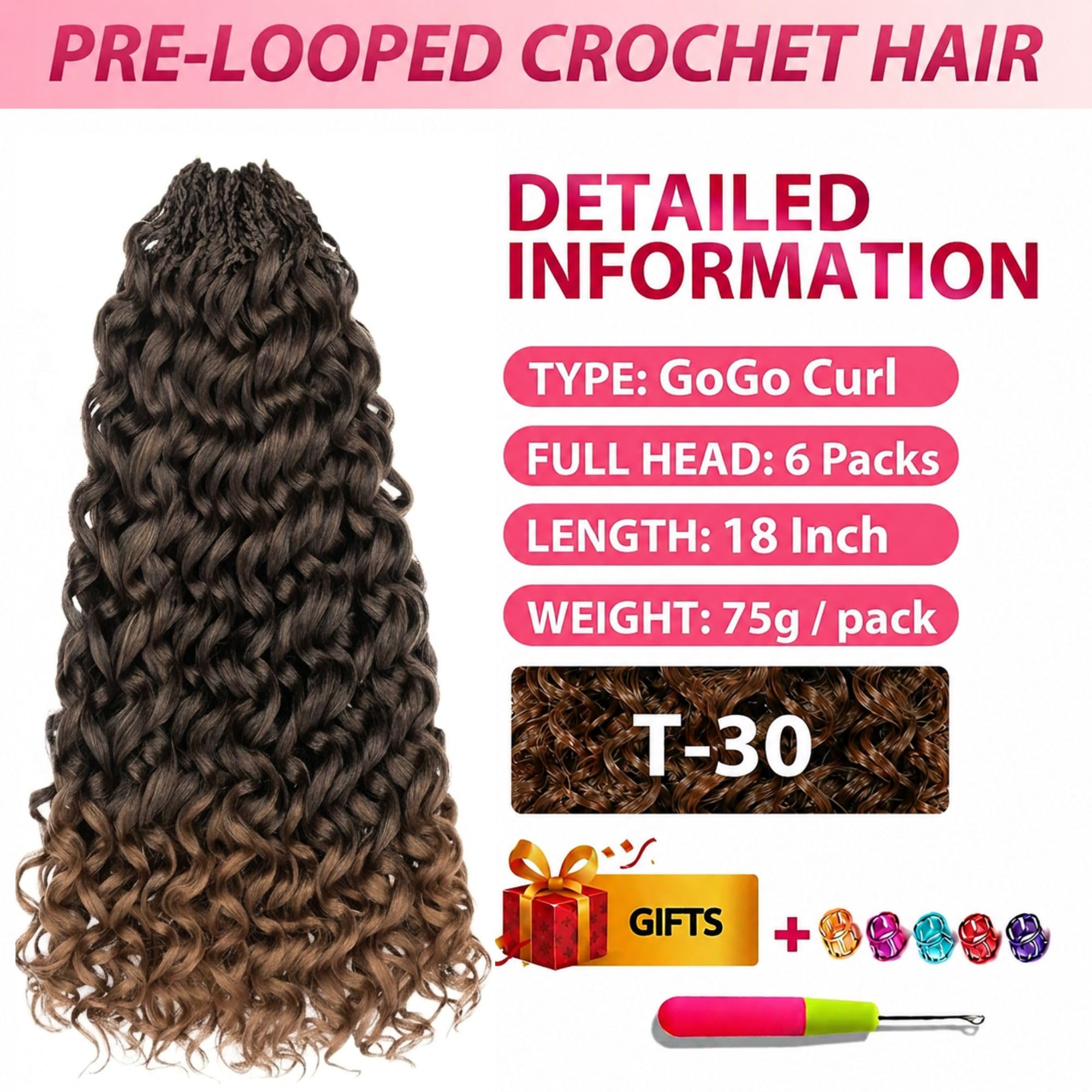 PRE LOOPED Gogo Curl Braid Hair - Haarverlängerungen zum Flechten mit Crochet im Echthaar-Look Kanekalon - 450 g 120 Strähnen auf 6 Stück + 3 Zubehör inklusive (T30, 18"45cm)