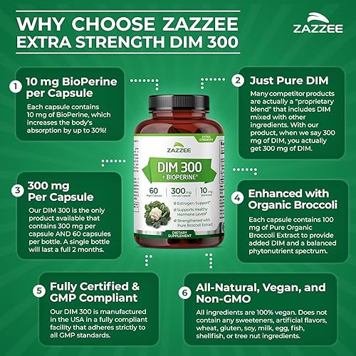 Miniatura 7 de Zazzee DIM 300 mg por cápsula, 60 unidades, más 10 mg BioPerine, equilibrio de estrógeno, acné hormonal, apoyo para la menopausia, equilibrio