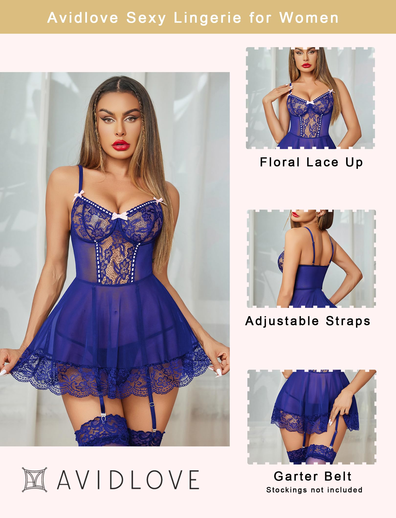 Avidlove Sexy Lingerie for Women Deep V Neck Lace Babydoll Mesh Chemise Boudoir Nighty with Garter Belt: Medium Blue