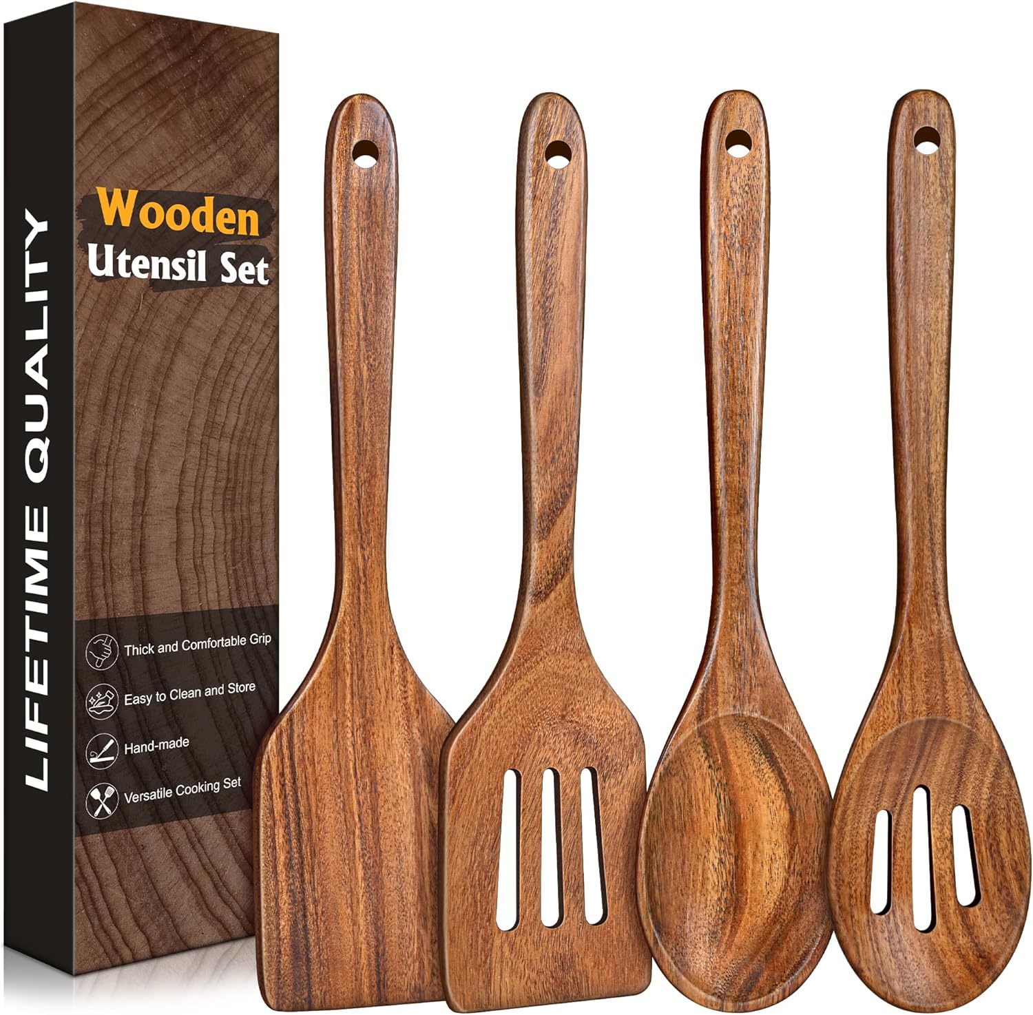 4Pcs Wooden Spatula for Cooking, Acacia Wooden Spatula for Kitchen Use, Nonstick Cookware Safe Utensils Set for Cooking, Mixing, Serving, Draining, Ideal Cooking Utensils Gift