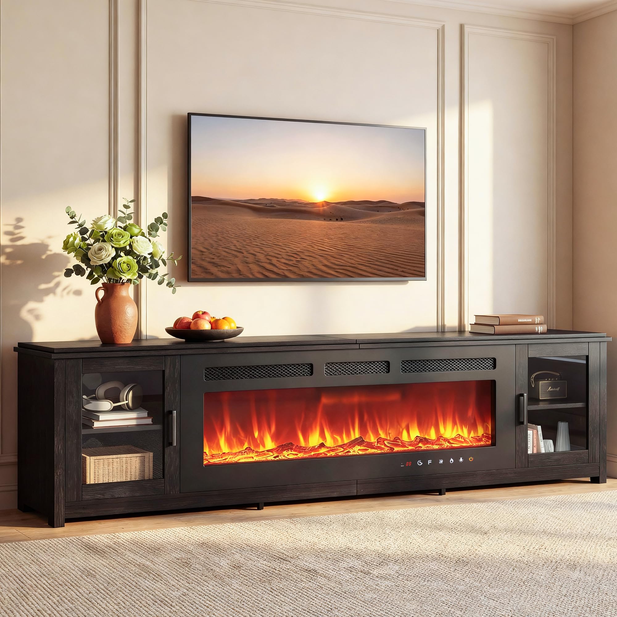 Photo 1 of ***Incomplete set***MXV 90" Fireplace TV Stand, Modern Entertainment Center with 60 Inch Electric Fireplace, Adjustable Shelf & Glass Door, Fire Place TV Console for Living Room, Black