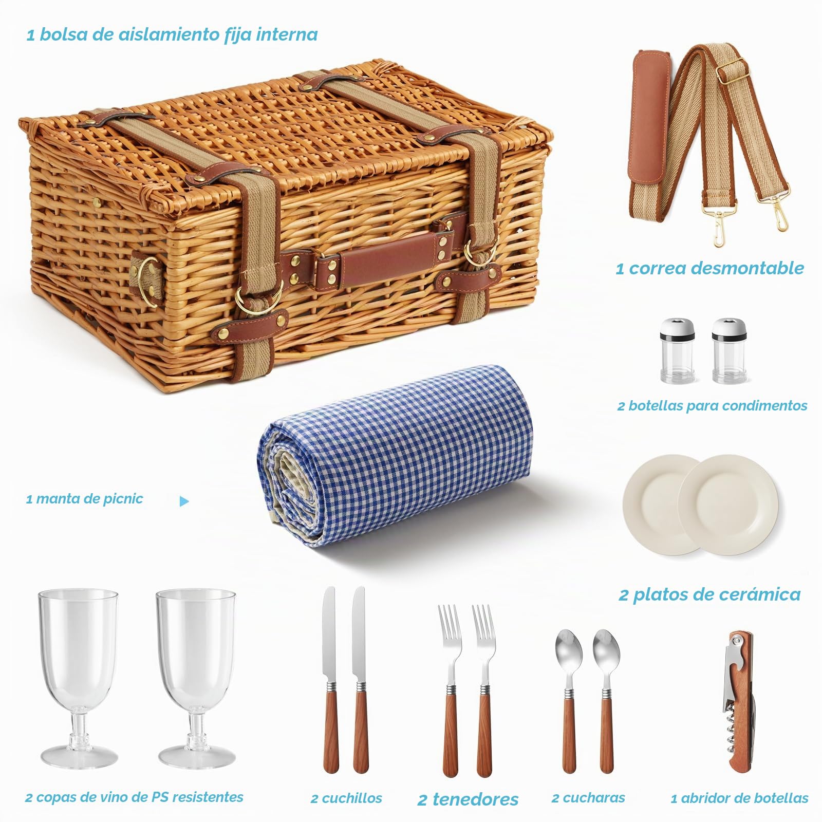 Juego de picnic de mimbre para 2 personas con compartimento enfriador y manta impermeable, correa extraíble, cubiertos, camping, viajes, playa