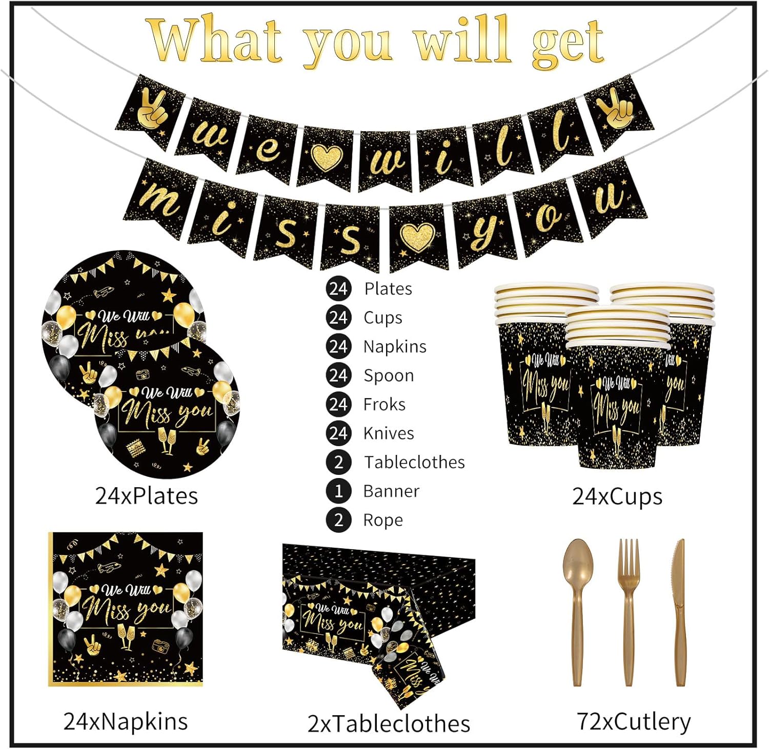 187 Pcs Farewell Party Decorations Tableware Set, 24 Guests Glitter We Will Miss You Tablecloth Dinner Plates Dessert Plate Cup and Napkins for Retirement Going Away Bye Office Work Party Supplies