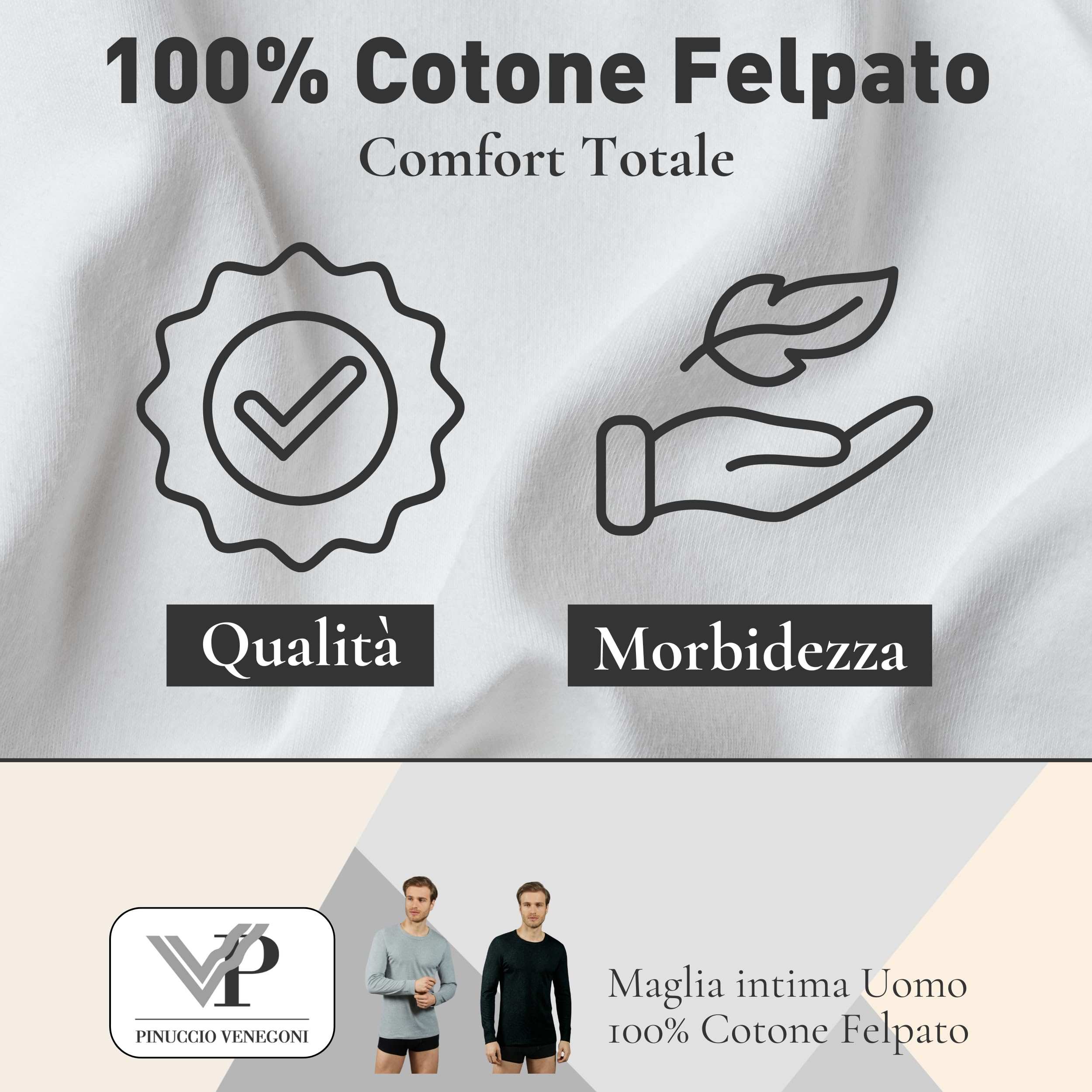 VP PINUCCIO VENEGONI Camiseta de manga larga para hombre (paquete de 2) 100% algodón afelpado | Camiseta térmica para hombre de invierno, cuello redondo, camiseta interior, fabricada en Italia
