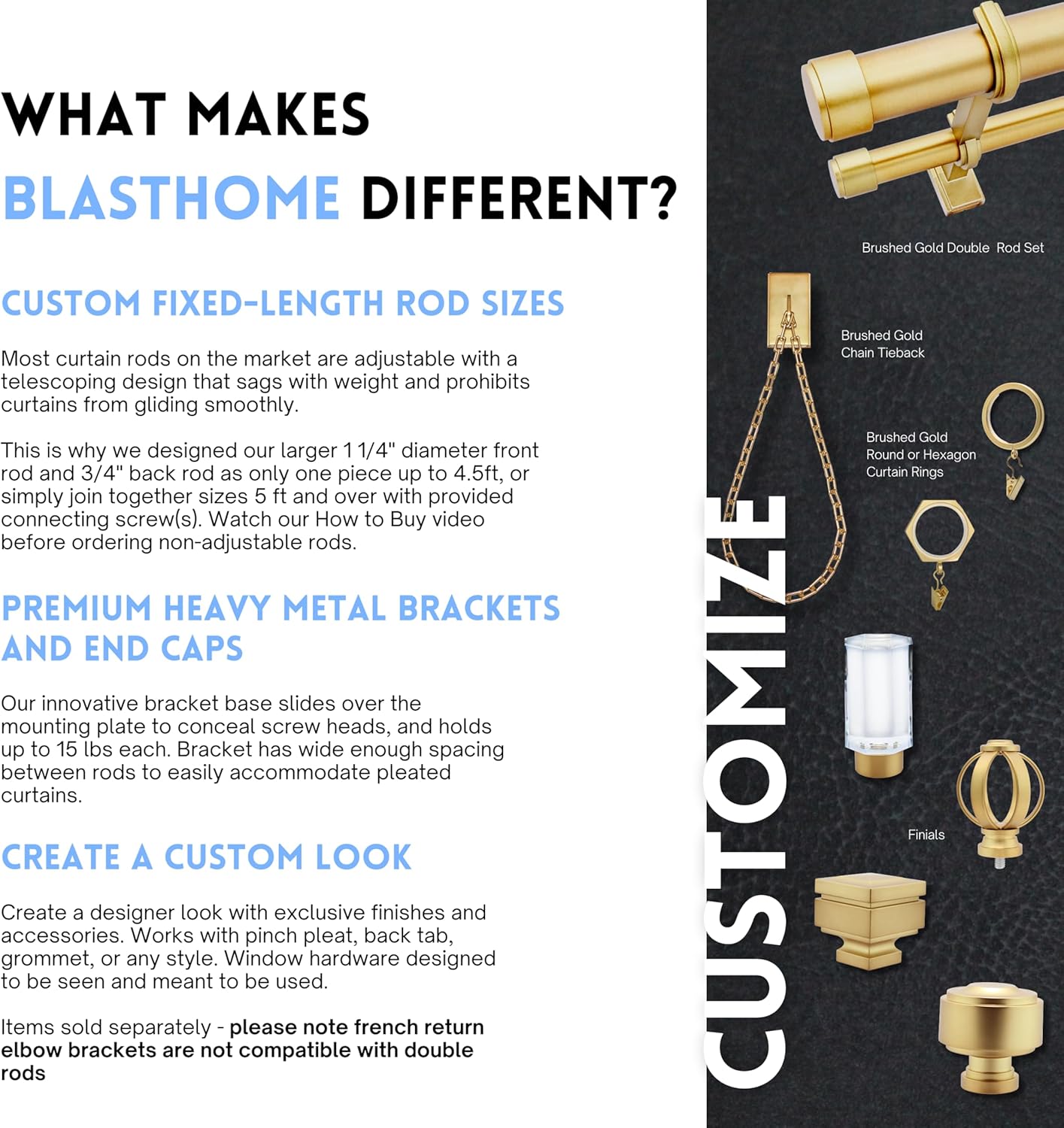 BlastHome® Non-Adjustable Luxury Double Curtain Rods for Windows, 1 ¼” Premium Rod Set, 6 foot Custom Fixed Length (Two Rods Connect on Both Front & Back for a Seamless Look), Brushed Gold